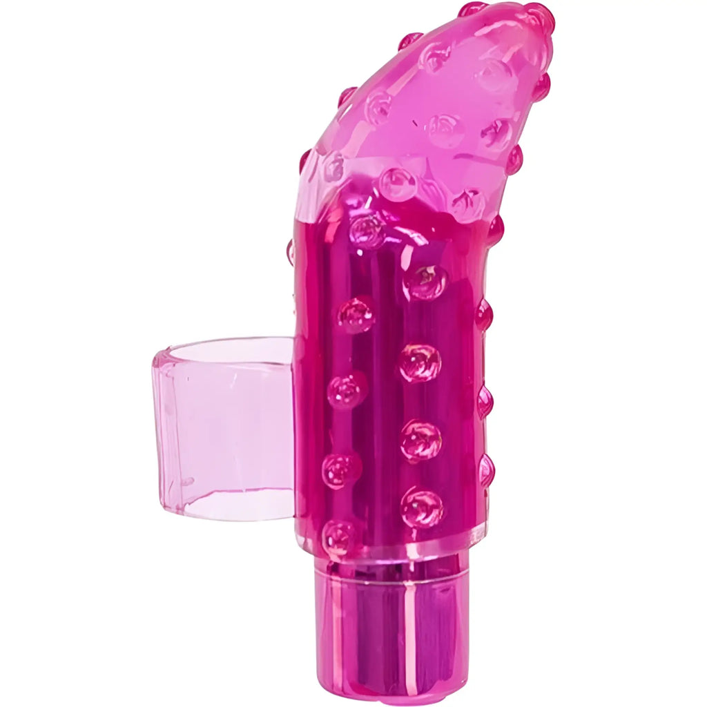 PowerBullet Frisky Finger rechargeable pink translucent silicone vibrator with textured bumpy surface and clear ring attachment