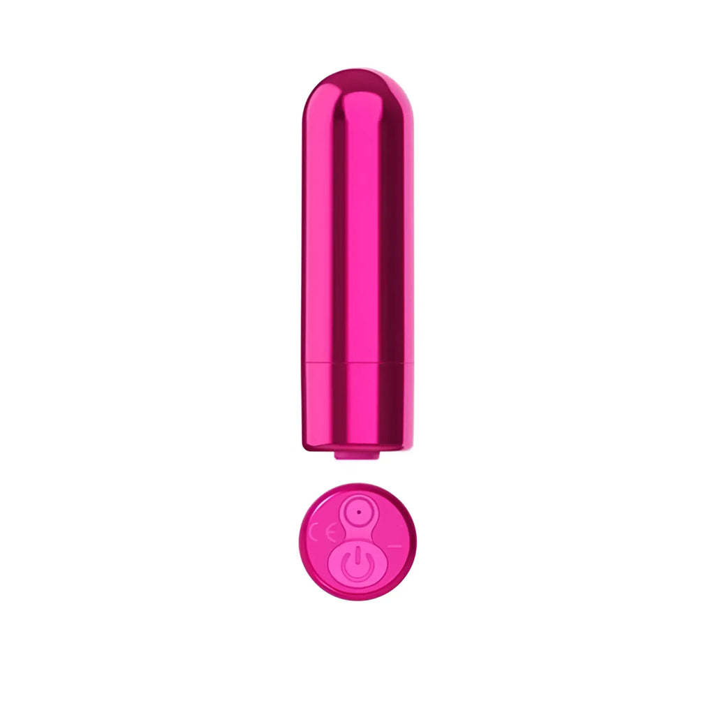 Vibrant pink metallic rechargeable powerbullet frisky finger vibrator with circular base and power mode buttons