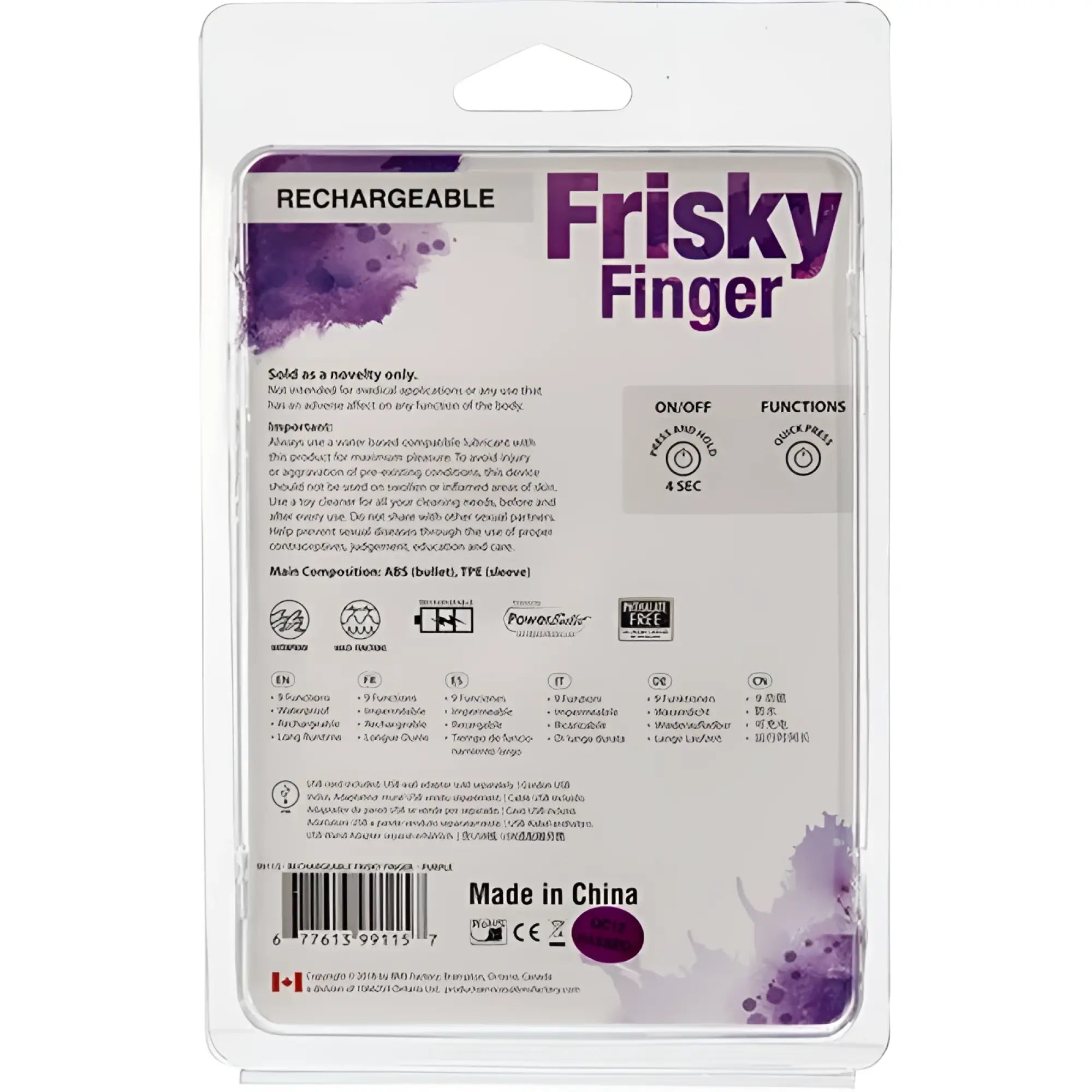 Powerbullet frisky finger rechargeable purple toy in clear plastic packaging for personal pleasure use