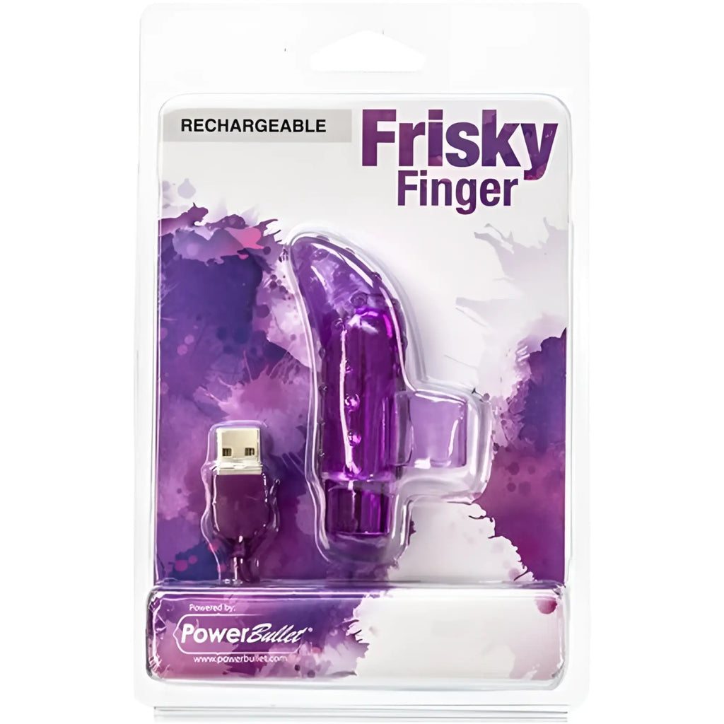 PowerBullet Frisky Finger rechargeable purple translucent plastic finger vibrator with usb charging cable