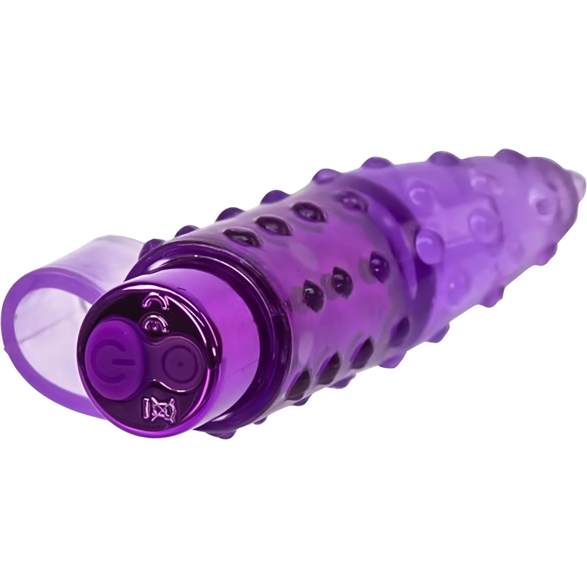 Powerbullet frisky finger rechargeable purple translucent silicone vibrating toy with textured bumpy surface and metallic button cap