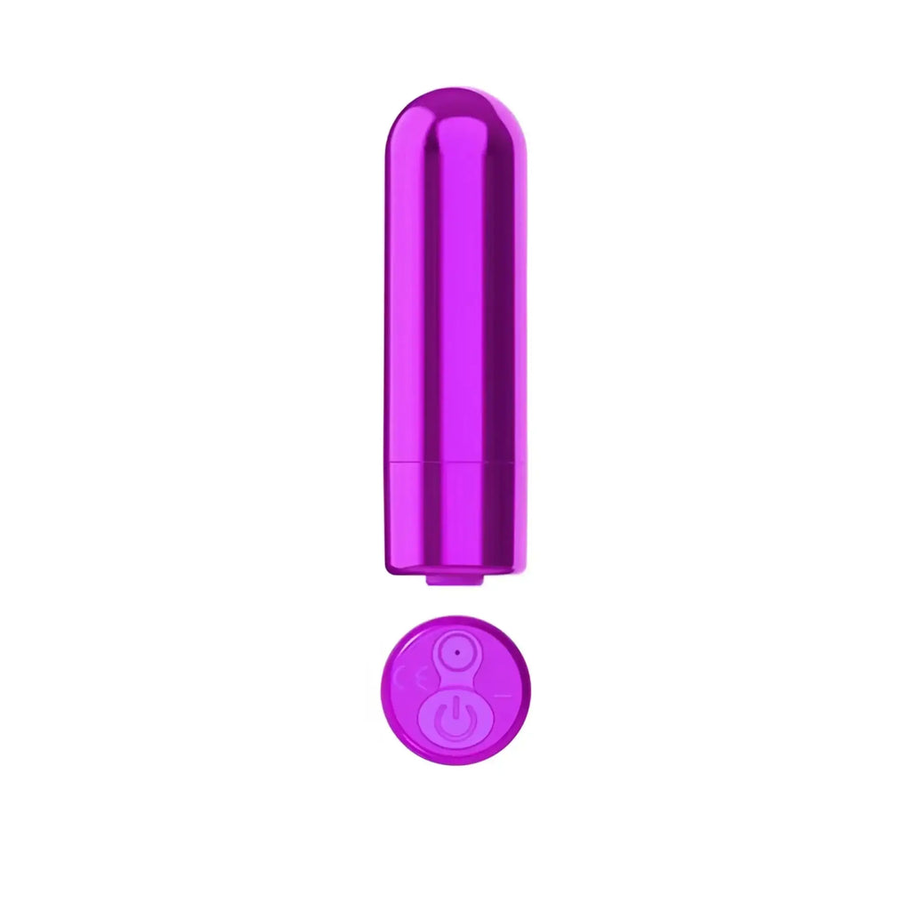 Vibrant purple metallic cylindrical powerbullet naughty nubbies finger vibe with matching base and control buttons