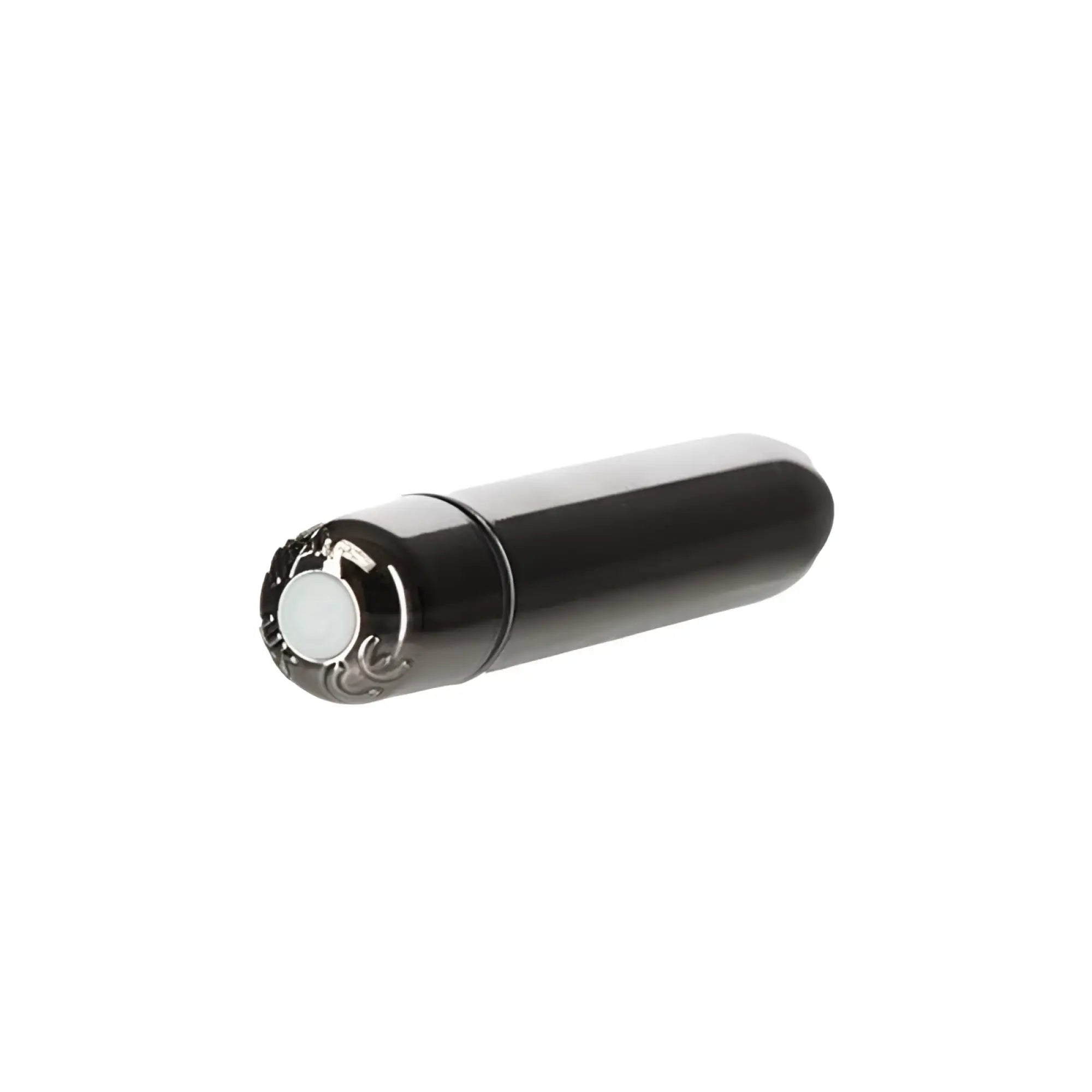 Black cylindrical vibrator powerbullet platinum bullet 9cm with glossy finish and ornate silver detailing on end cap