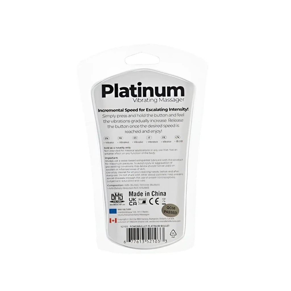 Back of powerbullet platinum bullet 9cm vibrating massager in white and silver packaging with instructions visible