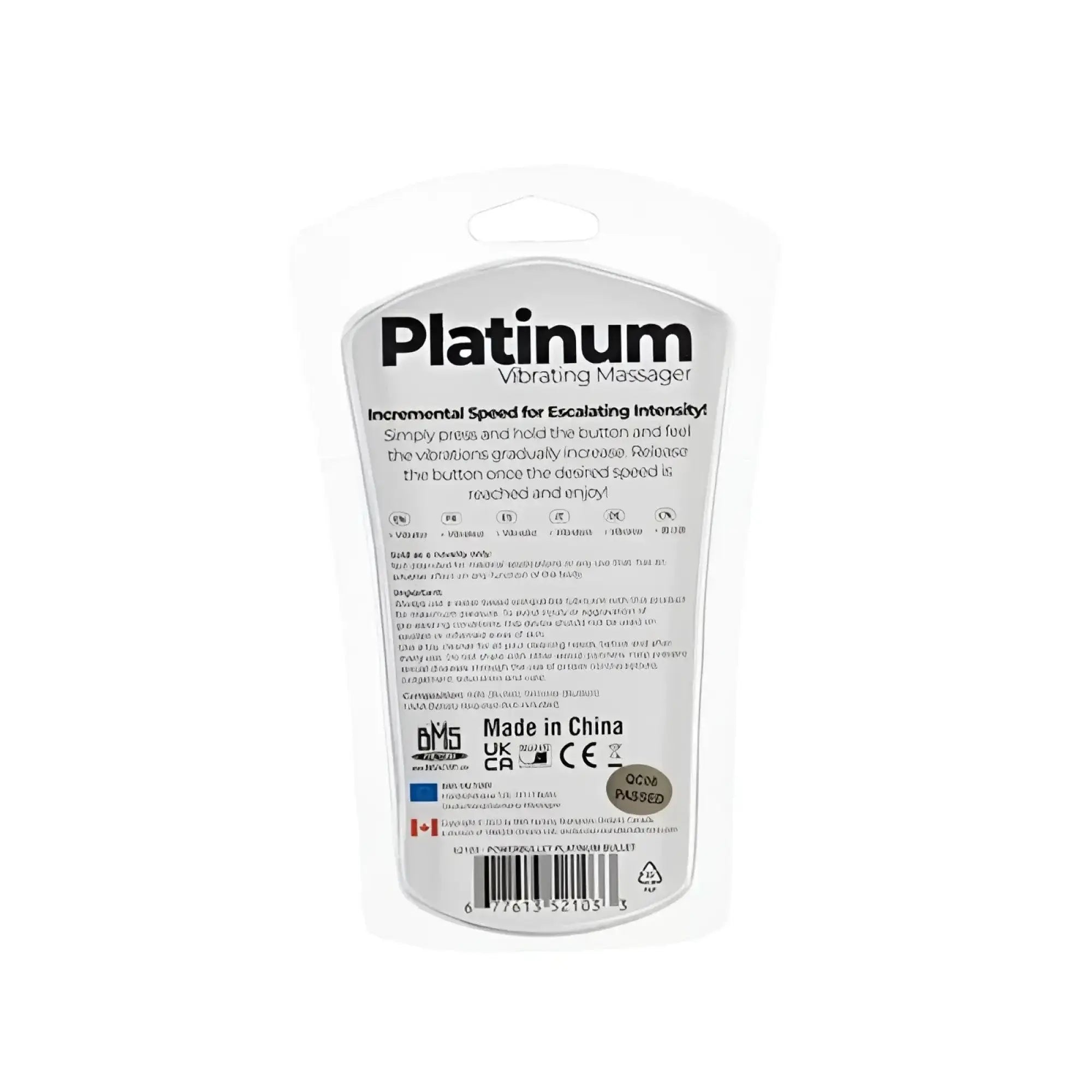 Back of powerbullet platinum bullet 9cm vibrating massager in white and silver packaging with instructions visible