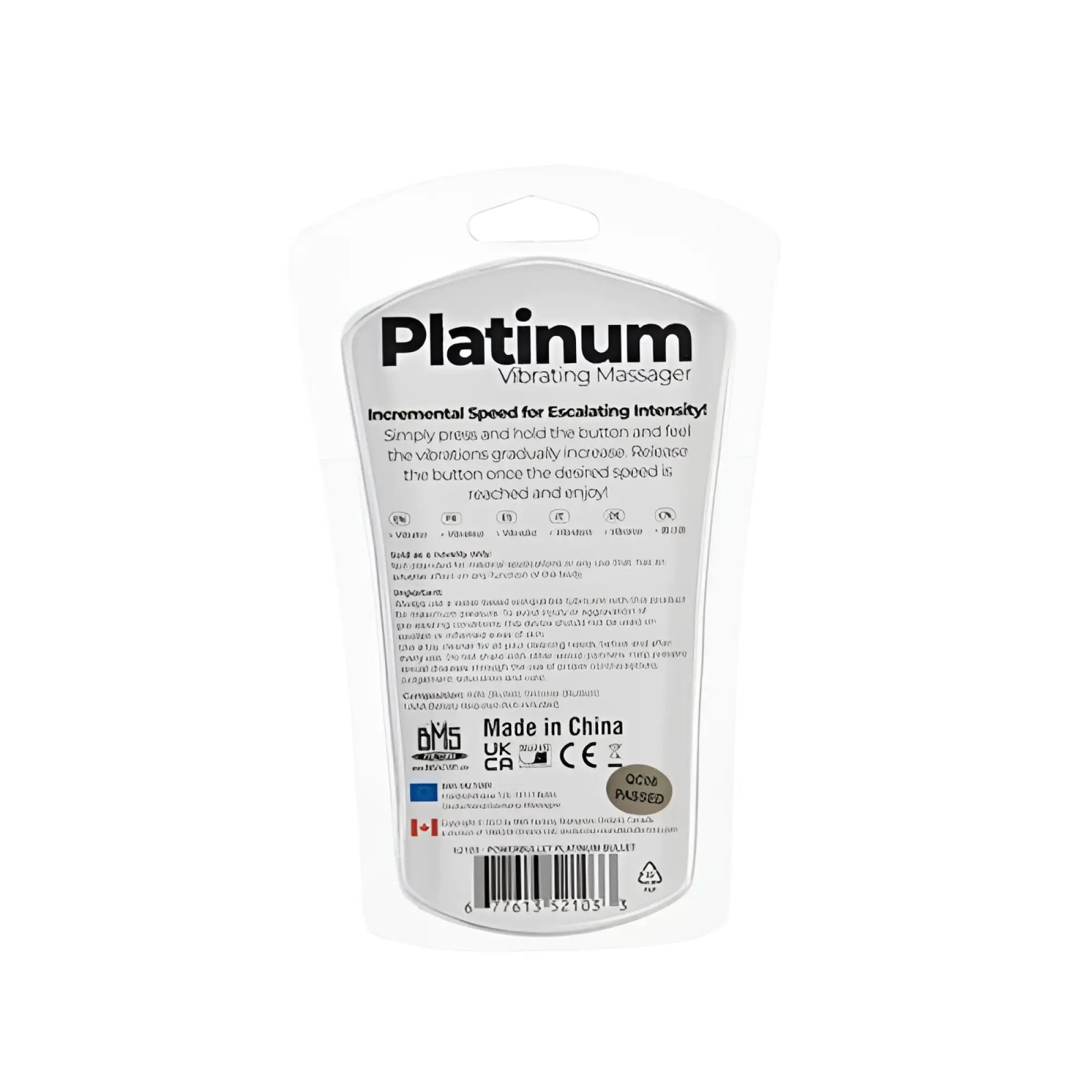 Back of powerbullet platinum bullet 9cm vibrating massager in white and silver packaging with instructions visible