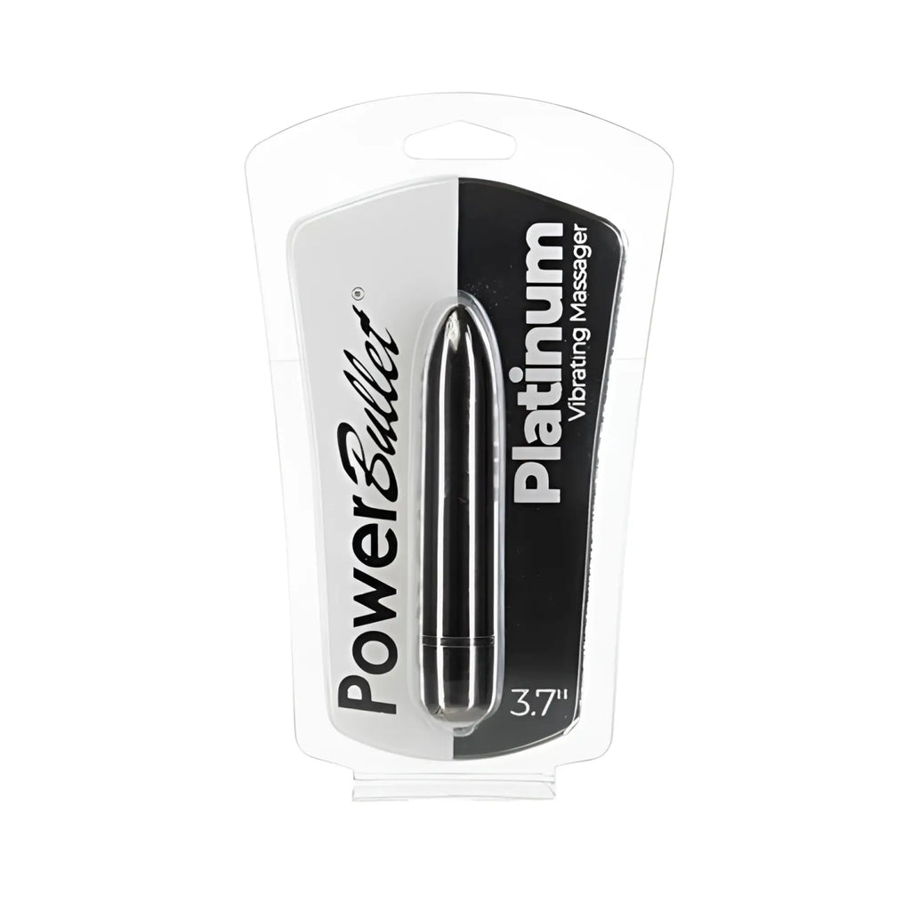 PowerBullet platinum bullet 9cm vibrating massager in sleek black and silver with a glossy cylindrical design