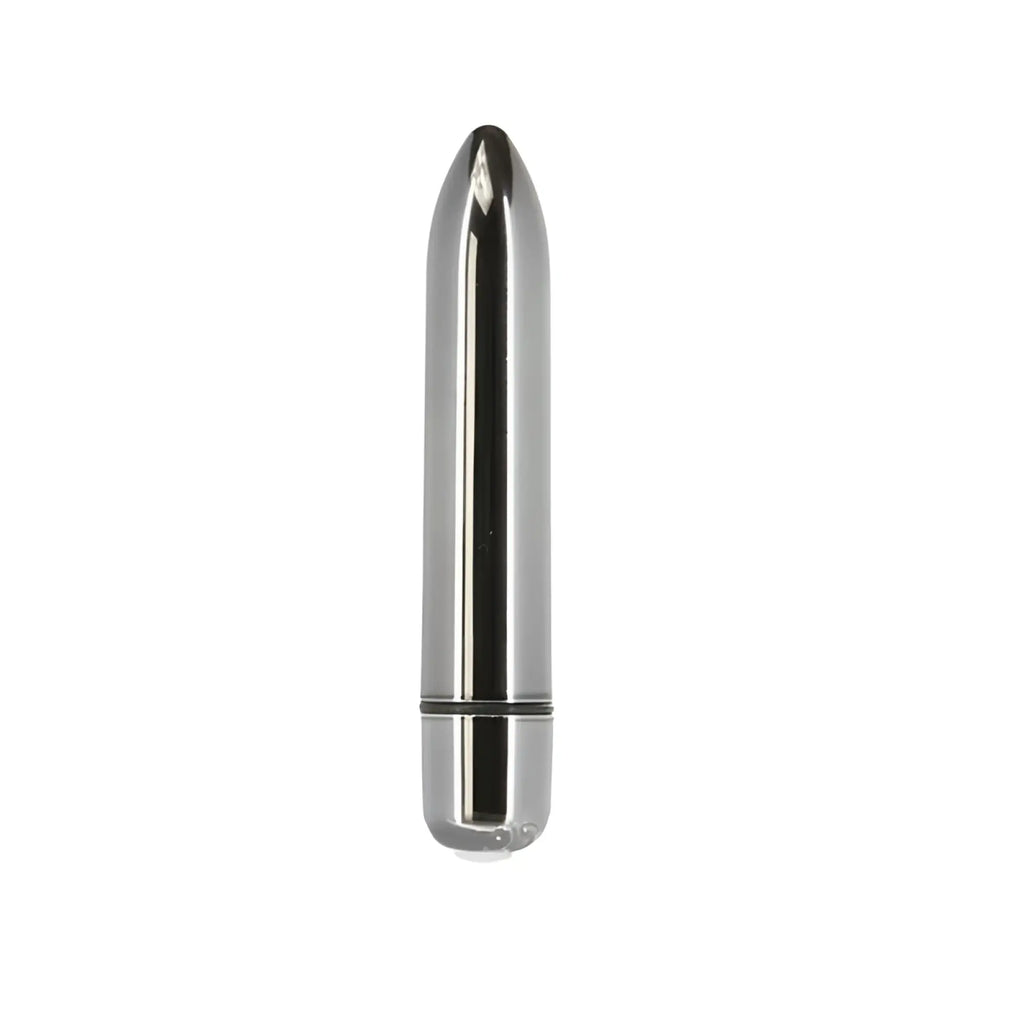 Silver metallic cylindrical vibrator powerbullet platinum bullet 9cm with sleek tapered design and smooth reflective surface