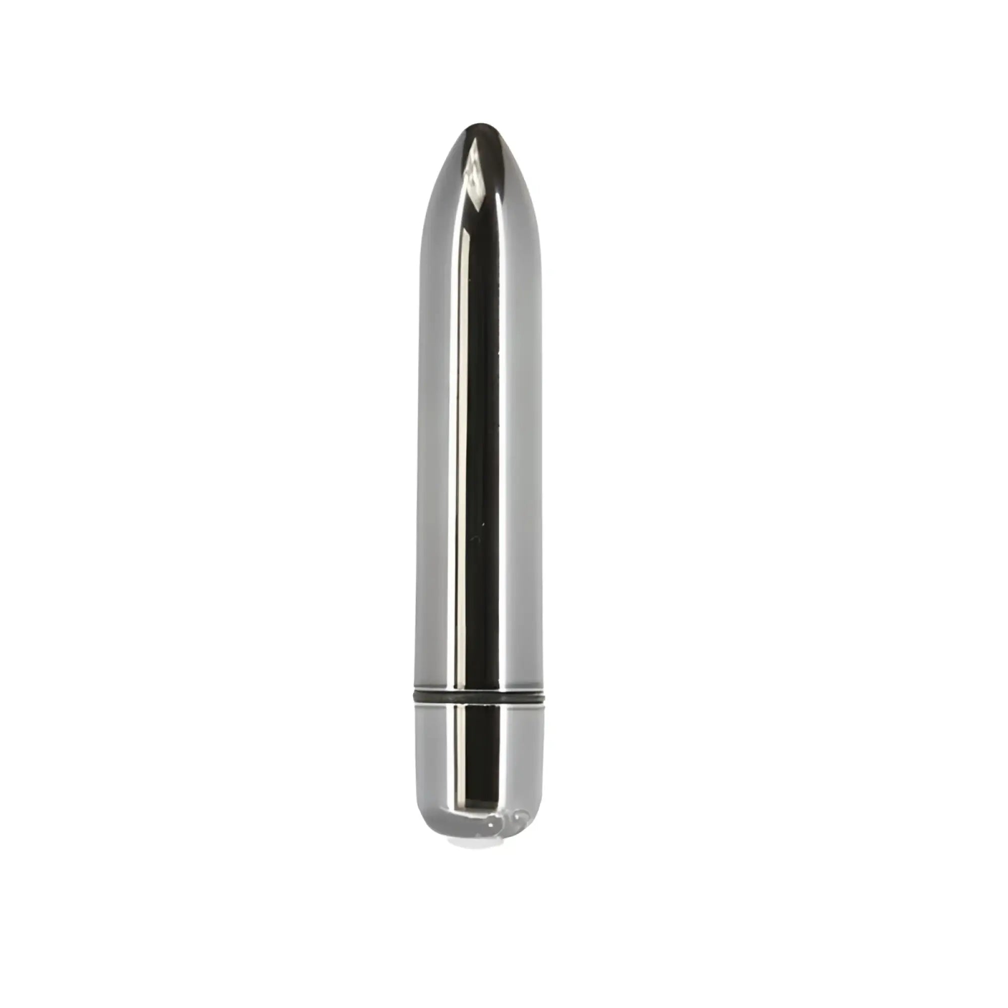 Silver metallic cylindrical vibrator powerbullet platinum bullet 9cm with sleek tapered design and smooth reflective surface