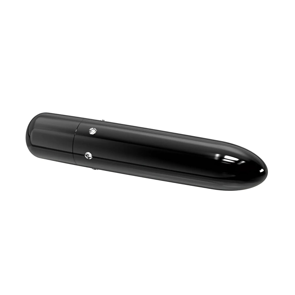 Black glossy finished cylindrical power bullet with two silver circular accents near the seam in PowerBullet Pretty Point 4in model