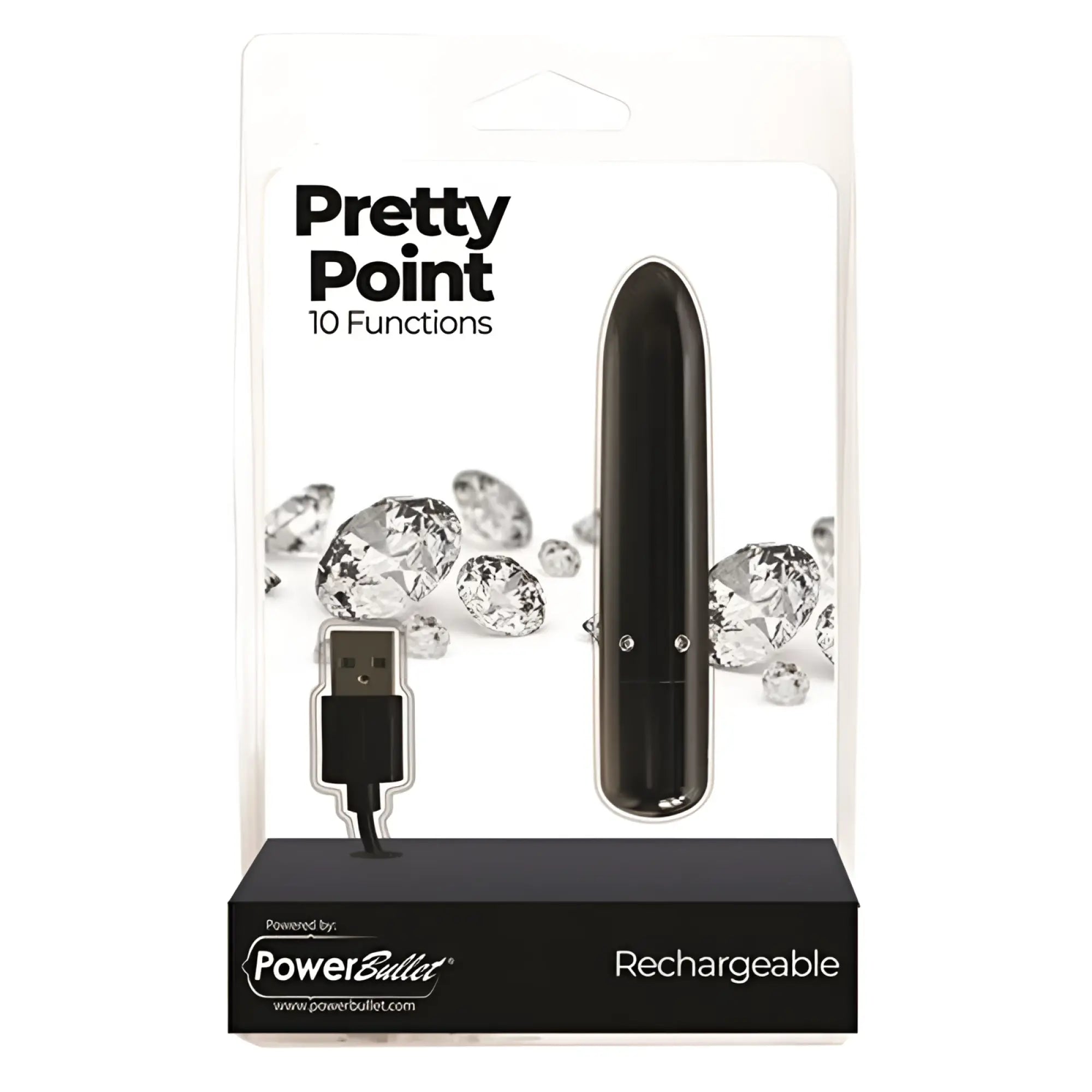 Powerbullet pretty point 4in black sleek cylindrical rechargeable toy with glossy finish and two silver buttons