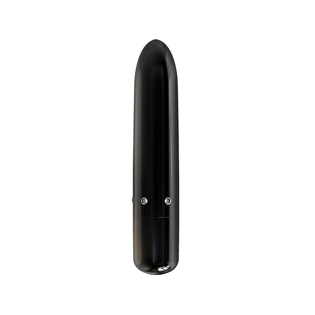 Black sleek cylindrical power bullet vibrator with glossy finish and two silver buttons near base for precise control