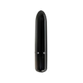 Black sleek cylindrical power bullet vibrator with glossy finish and two silver buttons near base for precise control