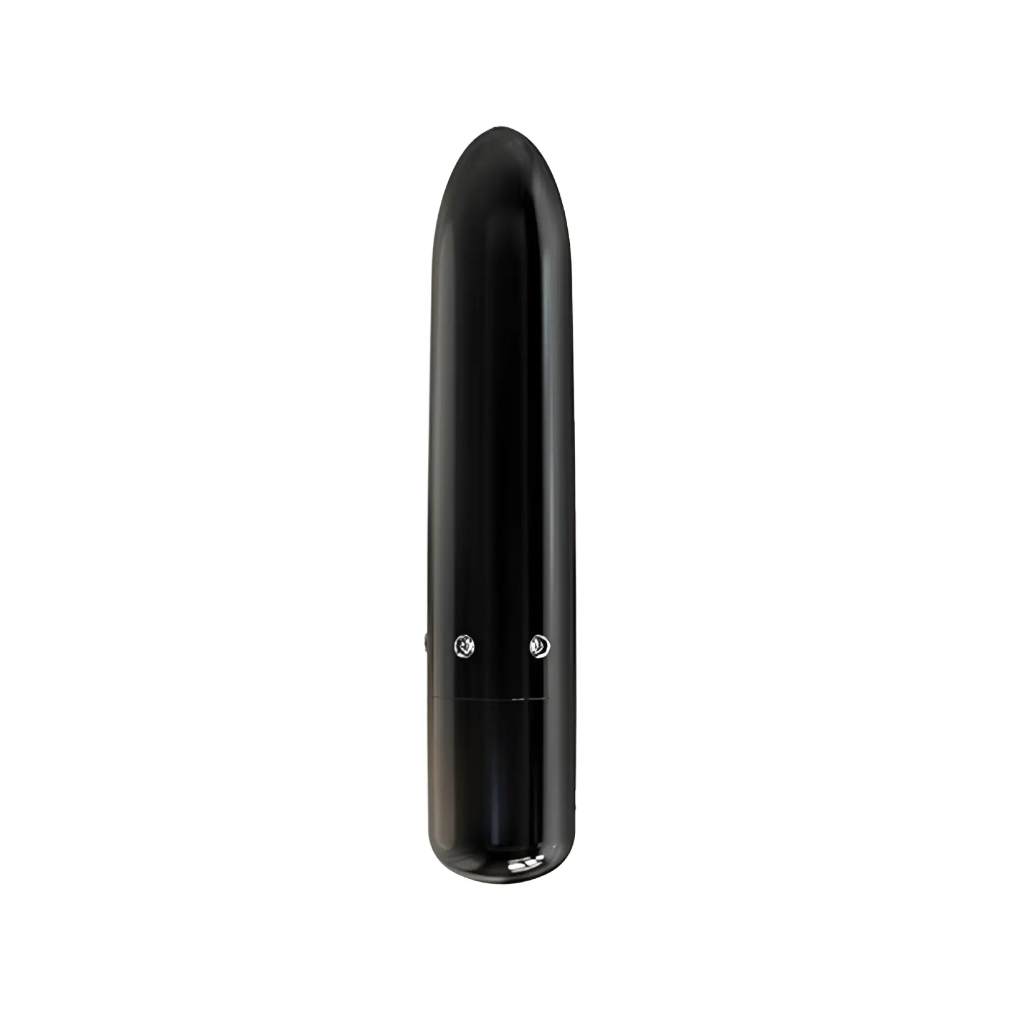 Black sleek cylindrical power bullet vibrator with glossy finish and two silver buttons near base for precise control