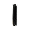 Black sleek cylindrical power bullet vibrator with glossy finish and two silver buttons near base for precise control