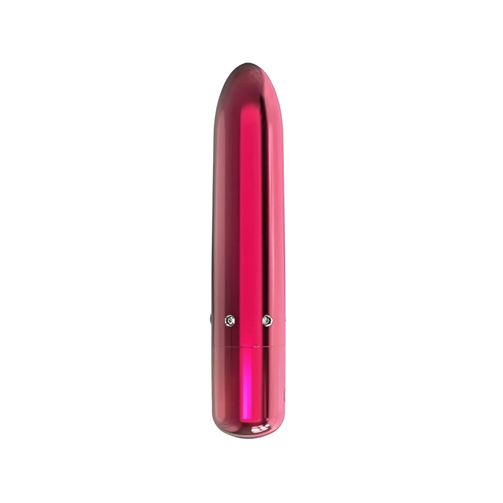 A sleek glossy pink 4-inch power bullet vibrator with smooth metallic finish and two silver buttons near its base