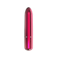 A sleek glossy pink 4-inch power bullet vibrator with smooth metallic finish and two silver buttons near its base