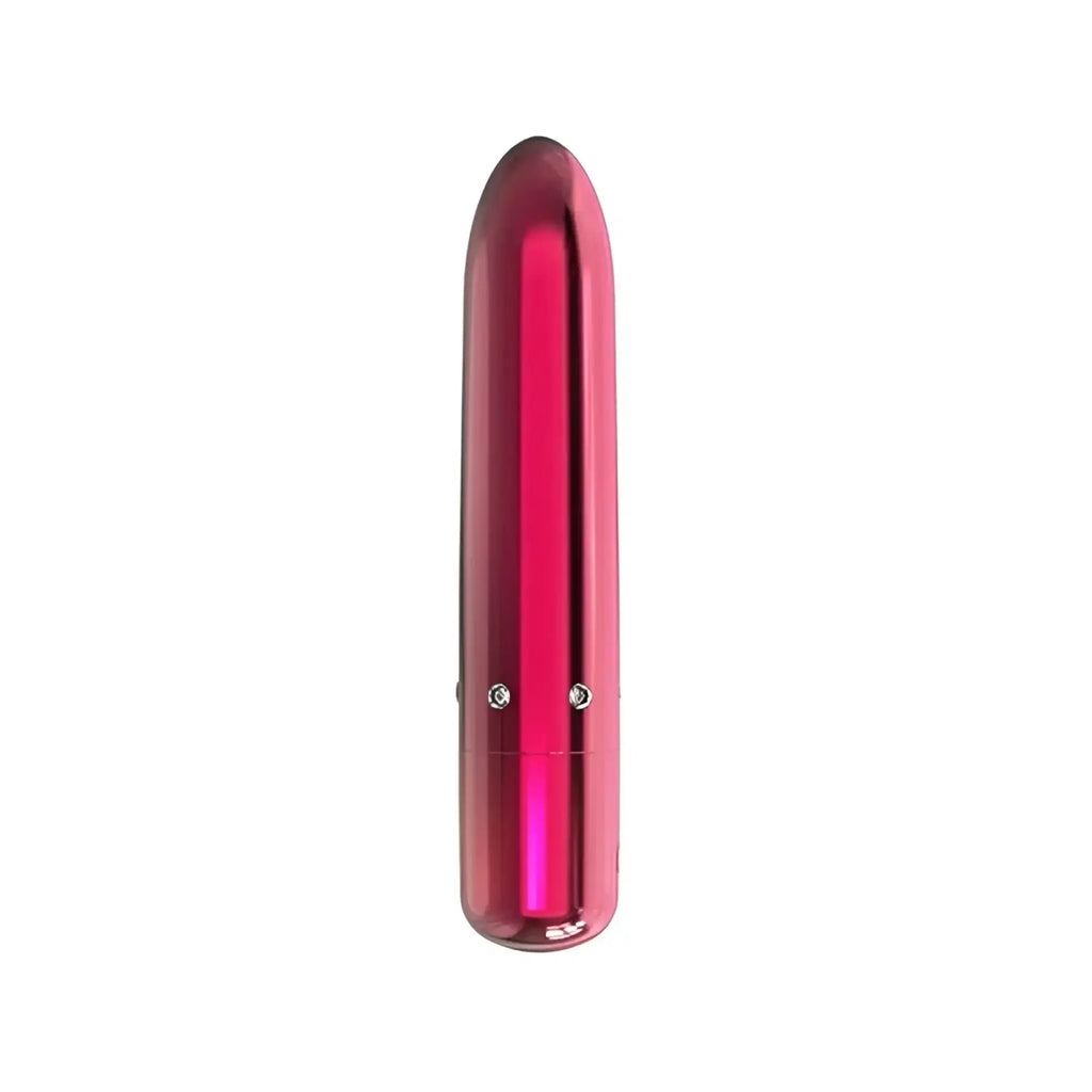 A sleek glossy pink 4-inch power bullet vibrator with smooth metallic finish and two silver buttons near its base