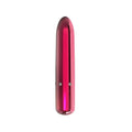 A sleek glossy pink 4-inch power bullet vibrator with smooth metallic finish and two silver buttons near its base