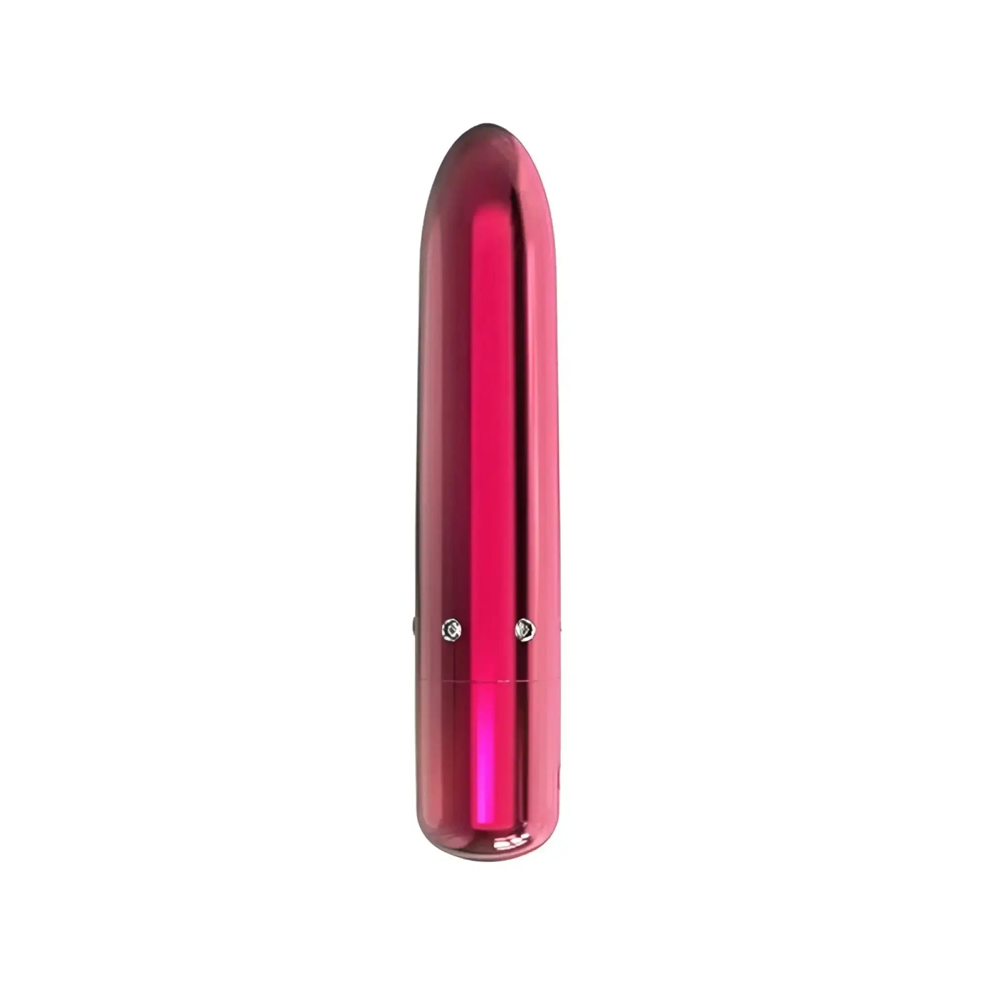 A sleek glossy pink 4-inch power bullet vibrator with smooth metallic finish and two silver buttons near its base