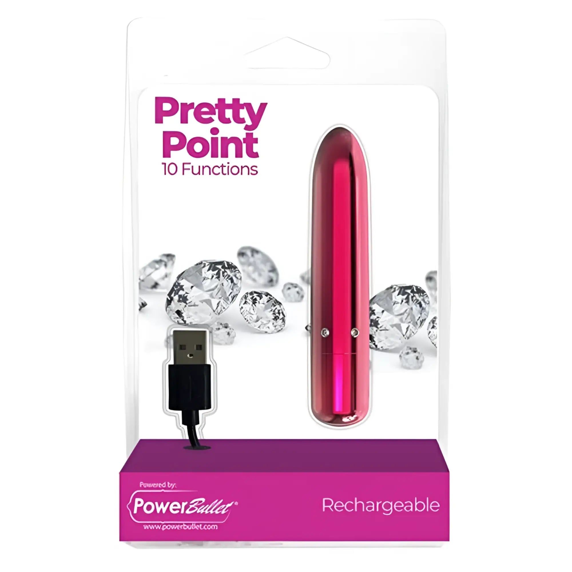 A sleek vibrant pink metallic powerbullet pretty point 4in power bullet with a smooth cylindrical body and three silver buttons