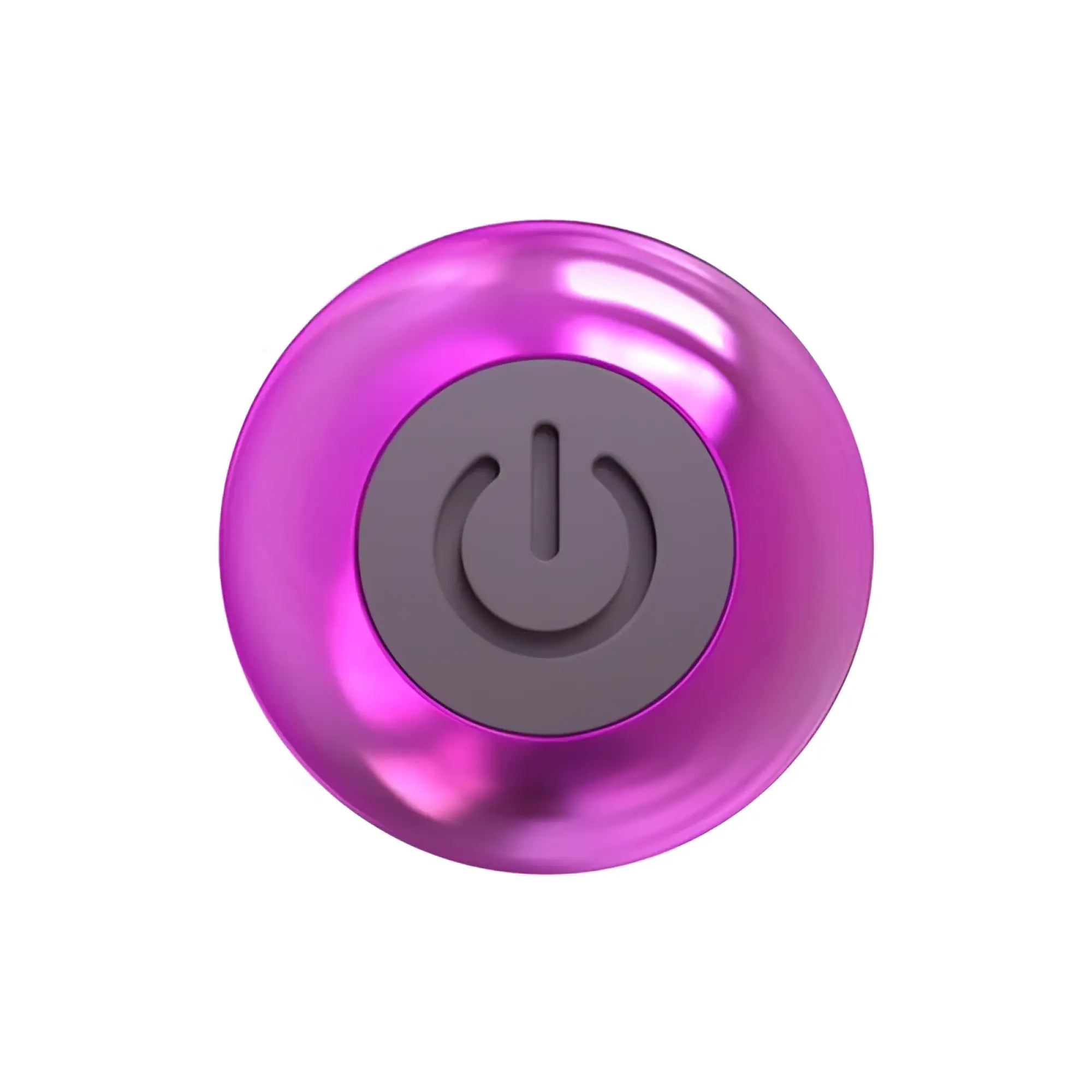 A shiny metallic purple 4-inch power bullet device with a gray power button in the center for personal use