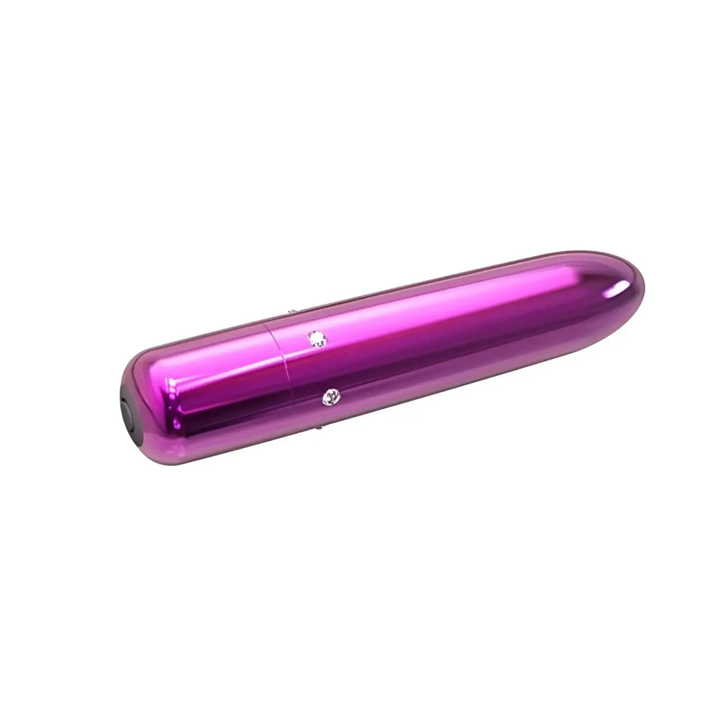 A sleek metallic purple cylindical PowerBullet Pretty Point 4in vibrator with a smooth finish and diamond embellishments