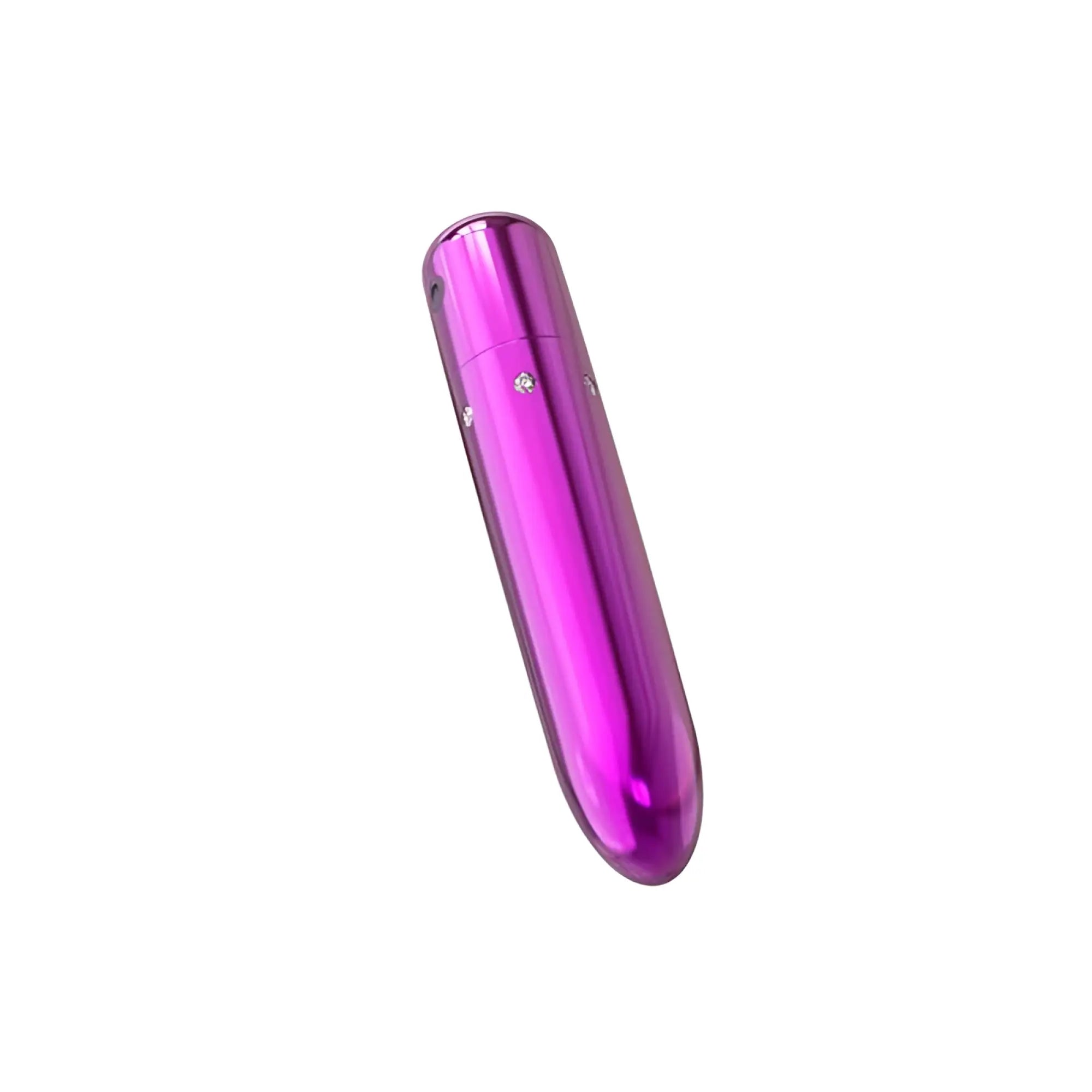 A sleek metallic purple powerbullet pretty point 4in vibrator with smooth reflective surface and diamond-like embellishments