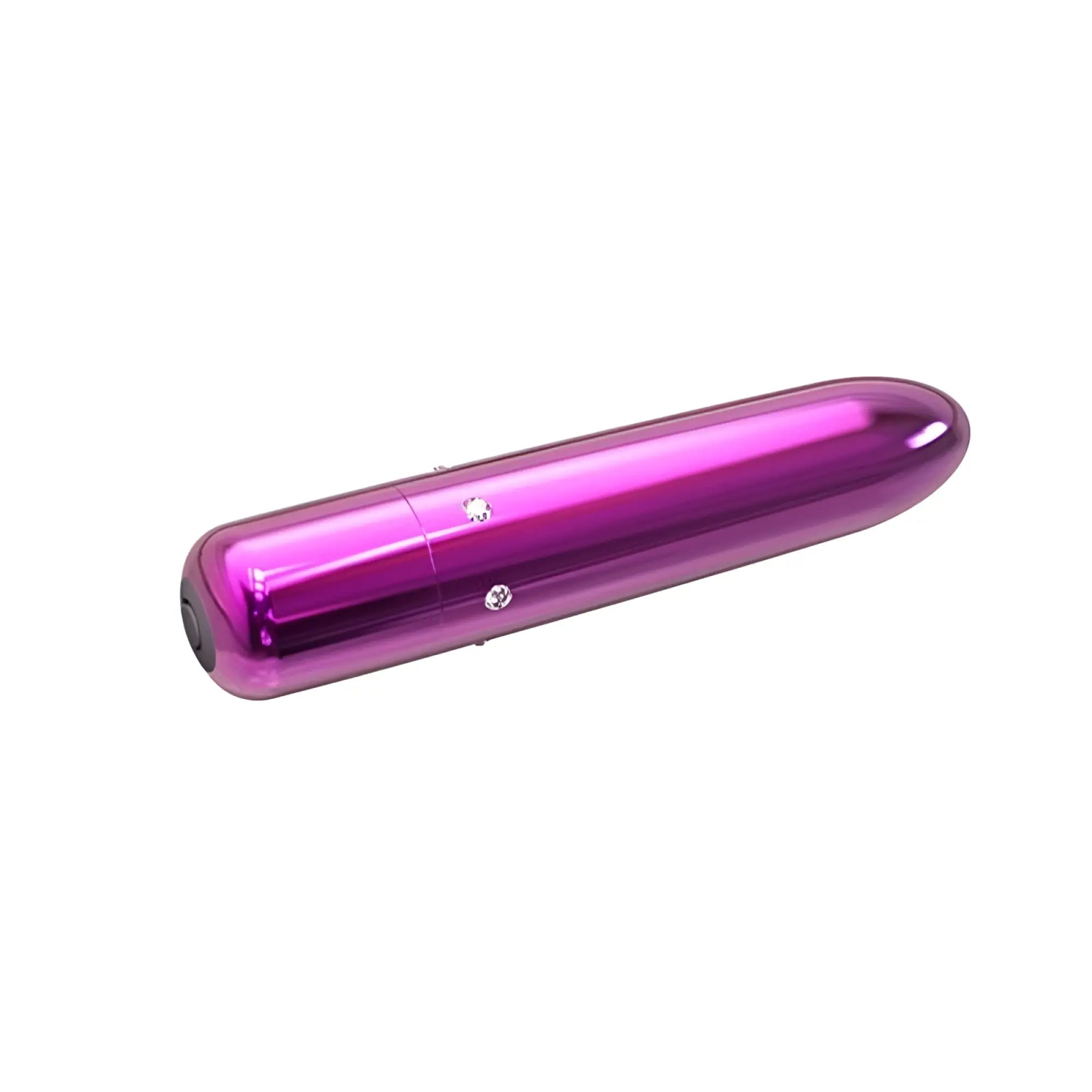 A sleek metallic purple cylindical PowerBullet Pretty Point 4in vibrator with a smooth finish and diamond embellishments