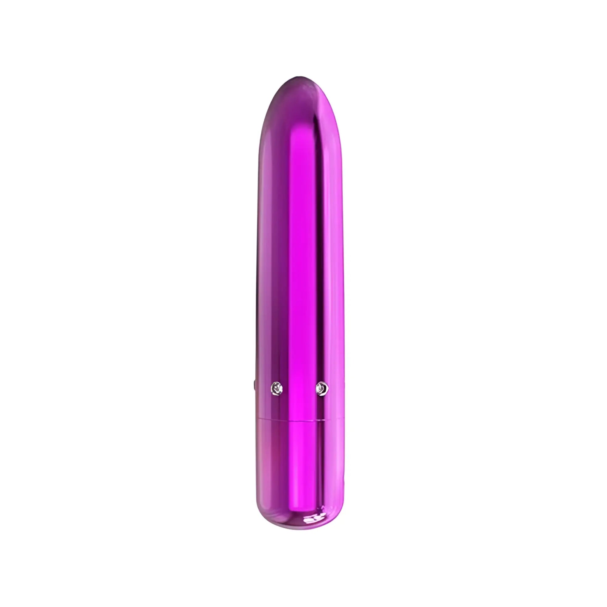 PowerBullet Pretty Point 4in power bullet purple sleek metallic vibrator with smooth cylindrical body and two silver buttons