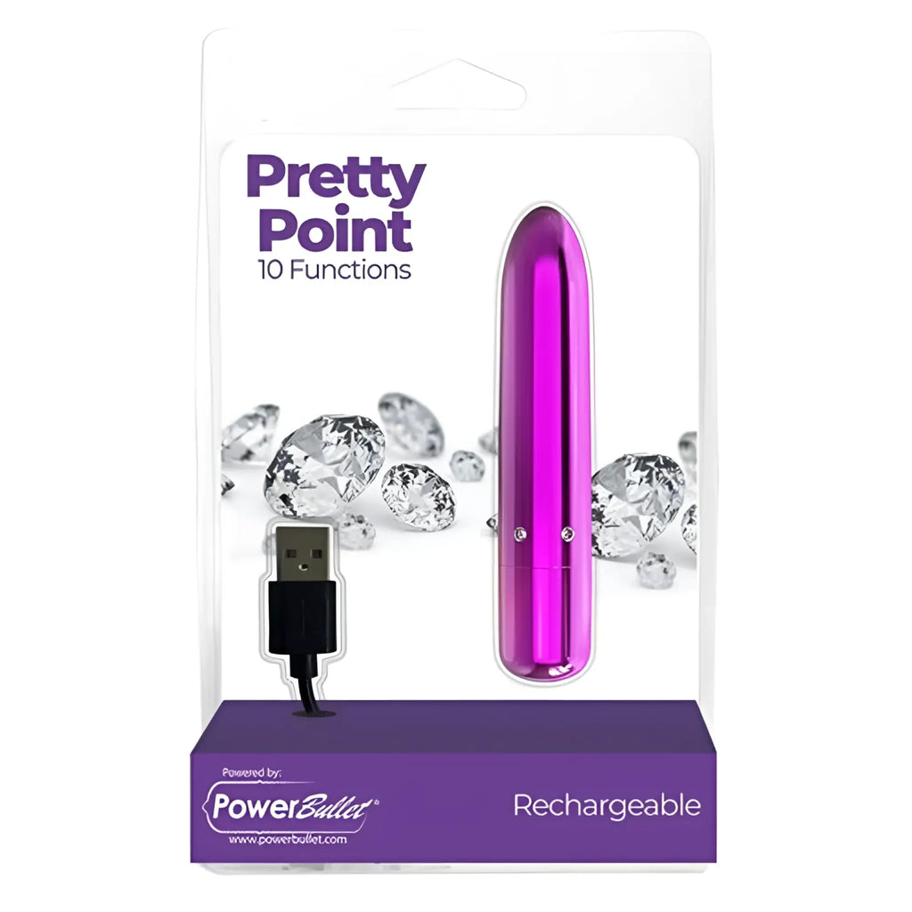 A sleek vibrant pink metallic powerbullet pretty point 4in power bullet purple with smooth cylindrical design and three silver buttons