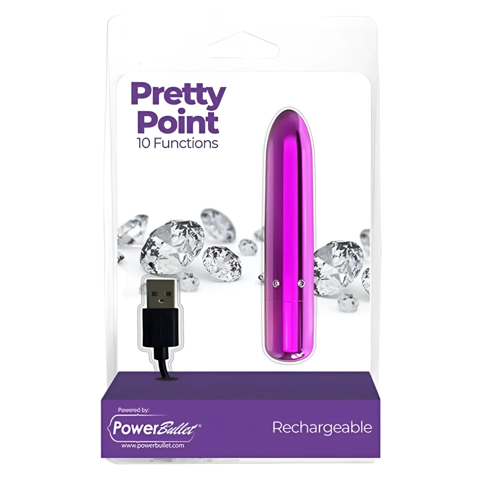 A sleek vibrant pink metallic powerbullet pretty point 4in power bullet purple with smooth cylindrical design and three silver buttons