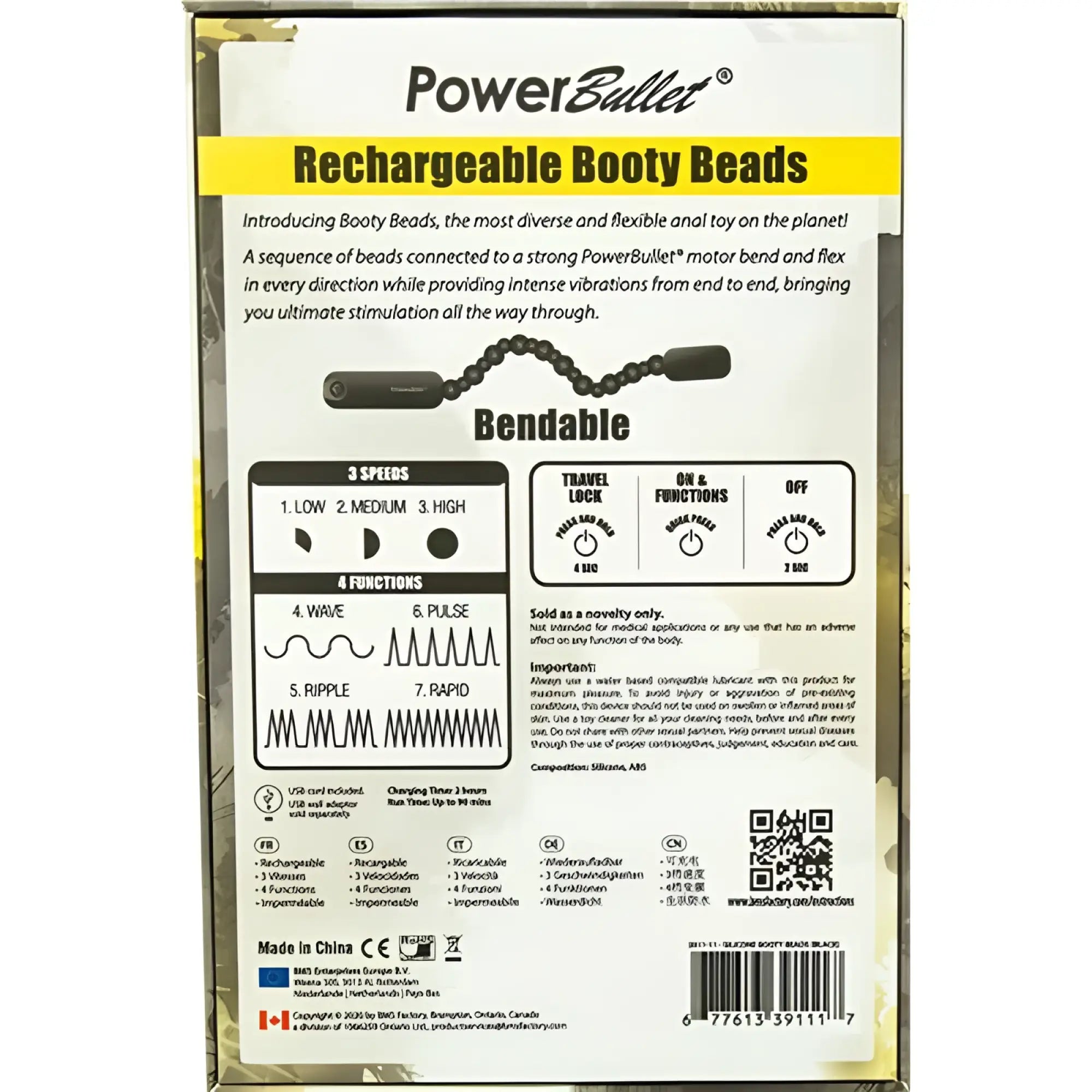 Powerbullet rechargeable booty beads black flexible silicone toy with multiple vibration modes and functions