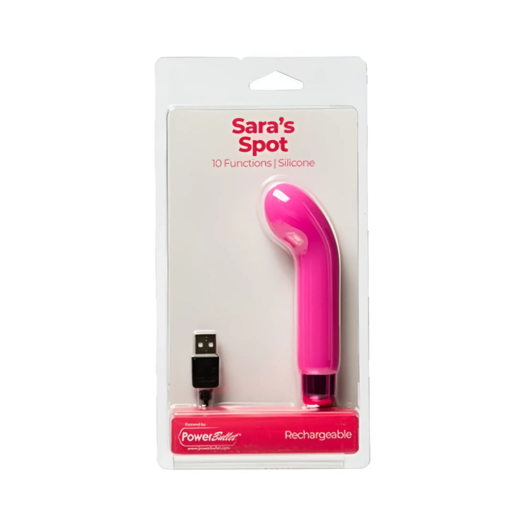 A vibrant pink silicone powerbullet power bullet sara’s spot vibrator with sleek curved design and usb charging cable