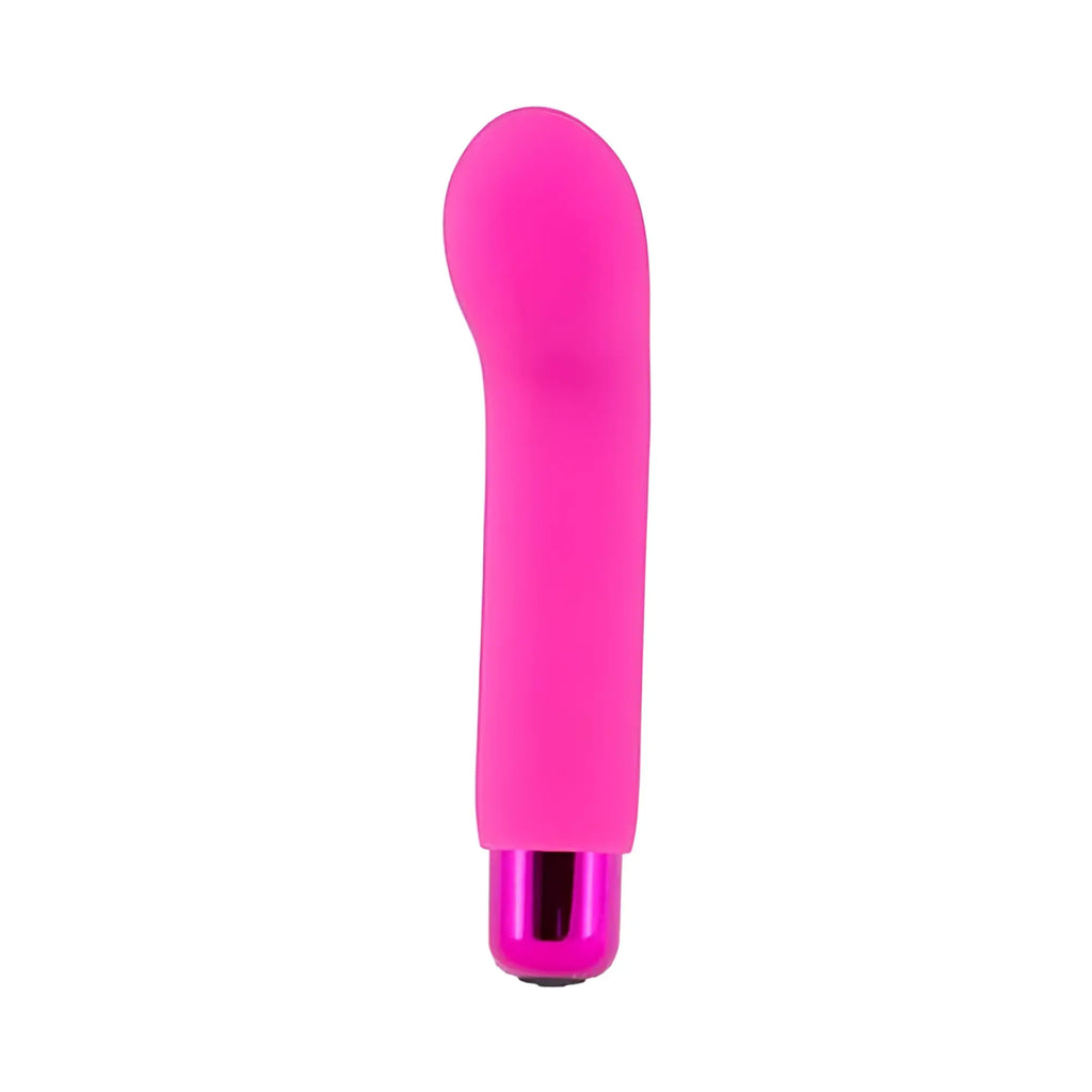 A vibrant pink silicone powerbullet power bullet sara’s spot vibrator with a metallic purple base