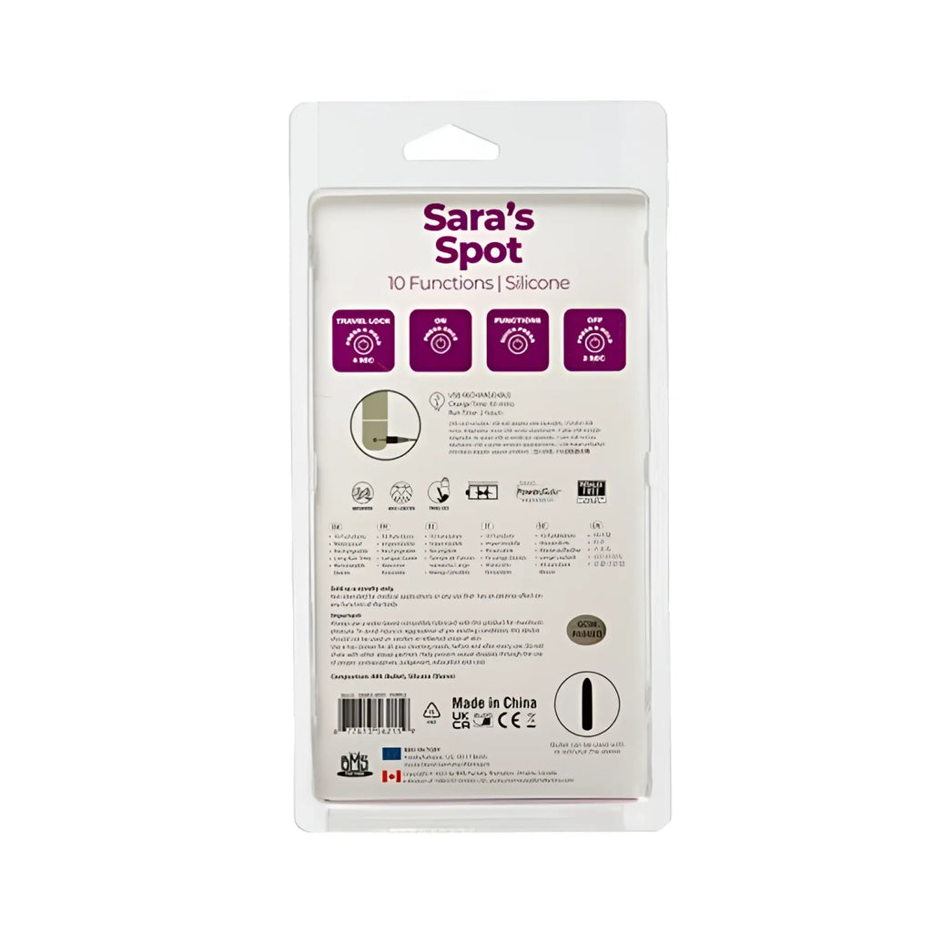 Powerbullet sara’s spot purple vibrator with 10 functions silicone travel lock in purple and white packaging