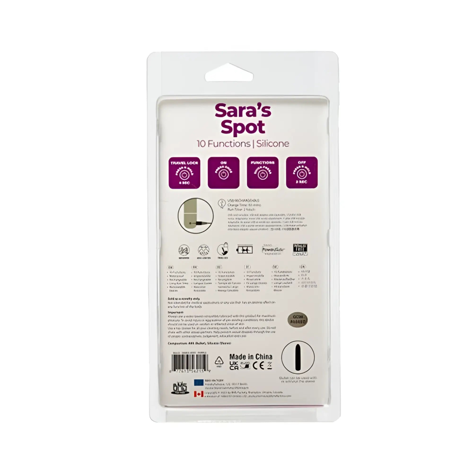 Powerbullet sara’s spot purple vibrator with 10 functions silicone travel lock in purple and white packaging
