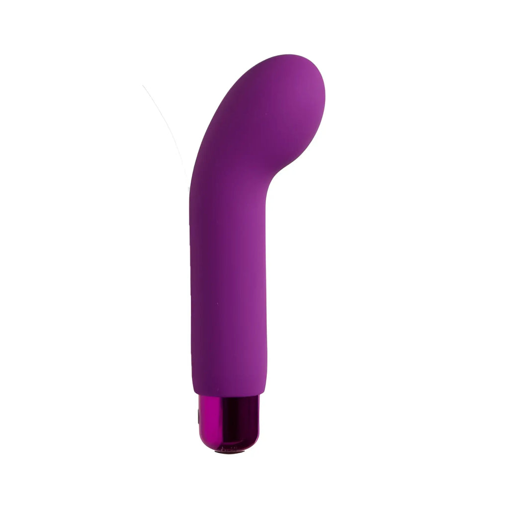 Purple silicone curved vibrator with metallic purple base from powerbullet power bullet sara’s spot vibrator collection