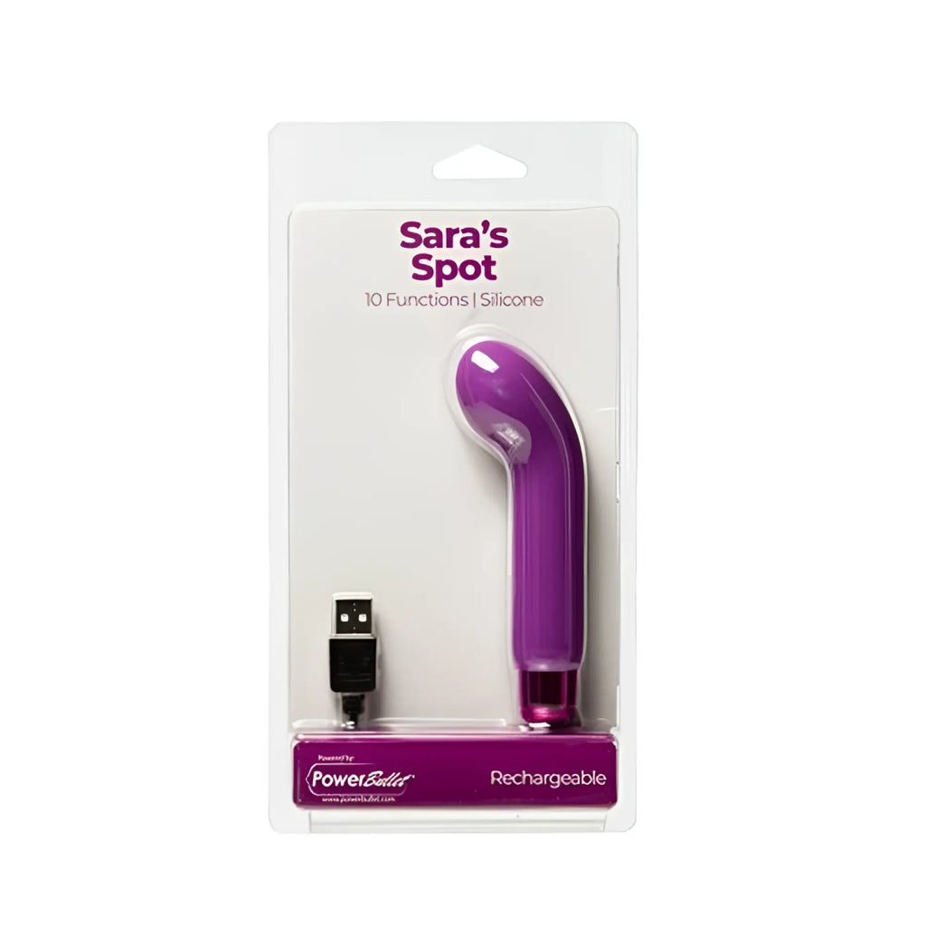 Purple silicone rechargeable vibrator with 10 functions in clear blister pack powerbullet sarras spot vibrator