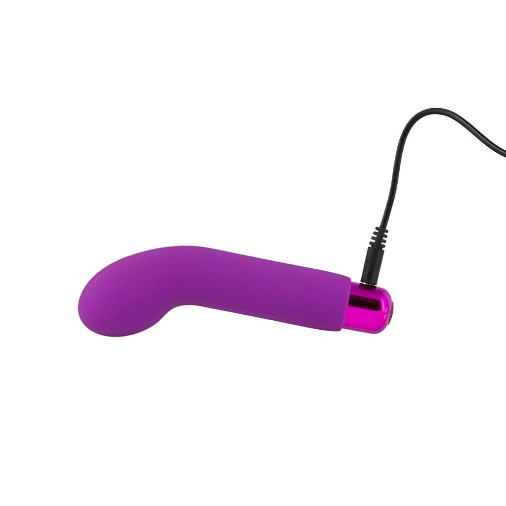 Purple silicone powerbullet vibratory device with metallic pink tip and black charging cable attached