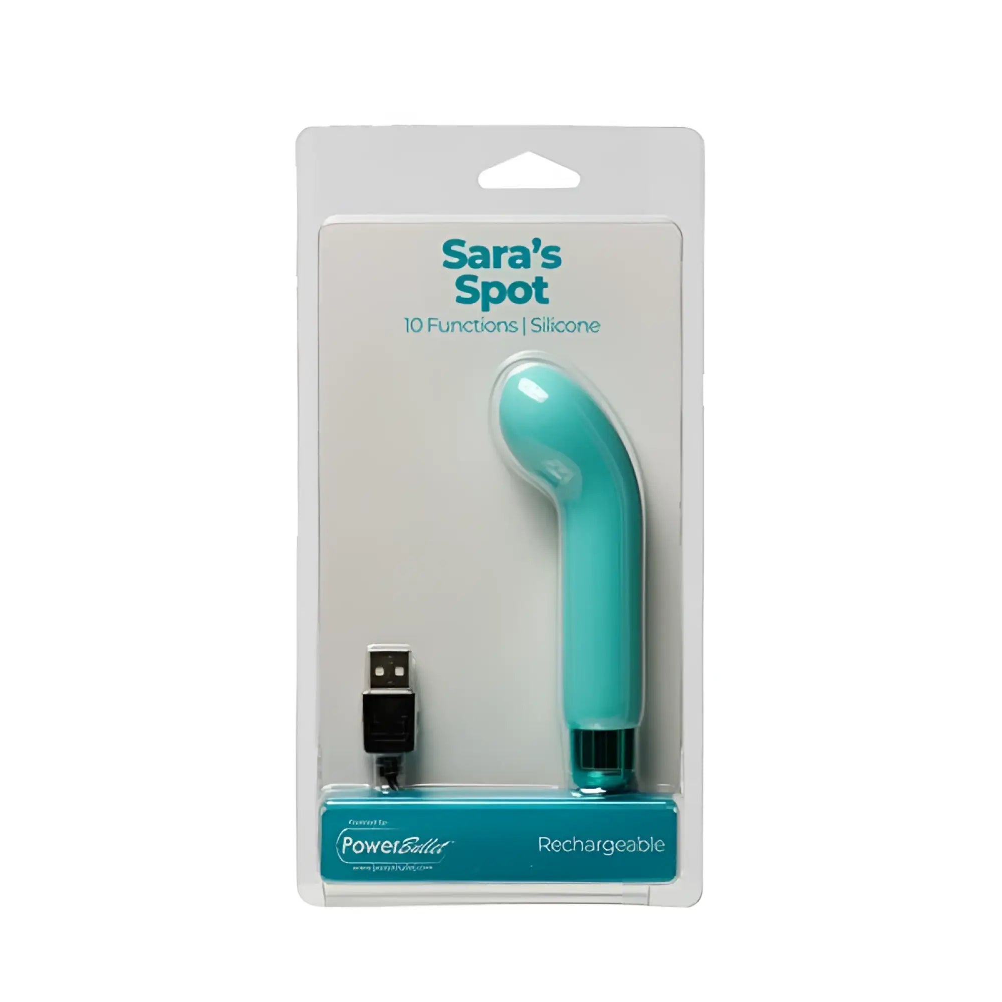 Teal silicone rechargeable PowerBullet Sara’s Spot vibrator with curved handle and metallic base in clear plastic packaging
