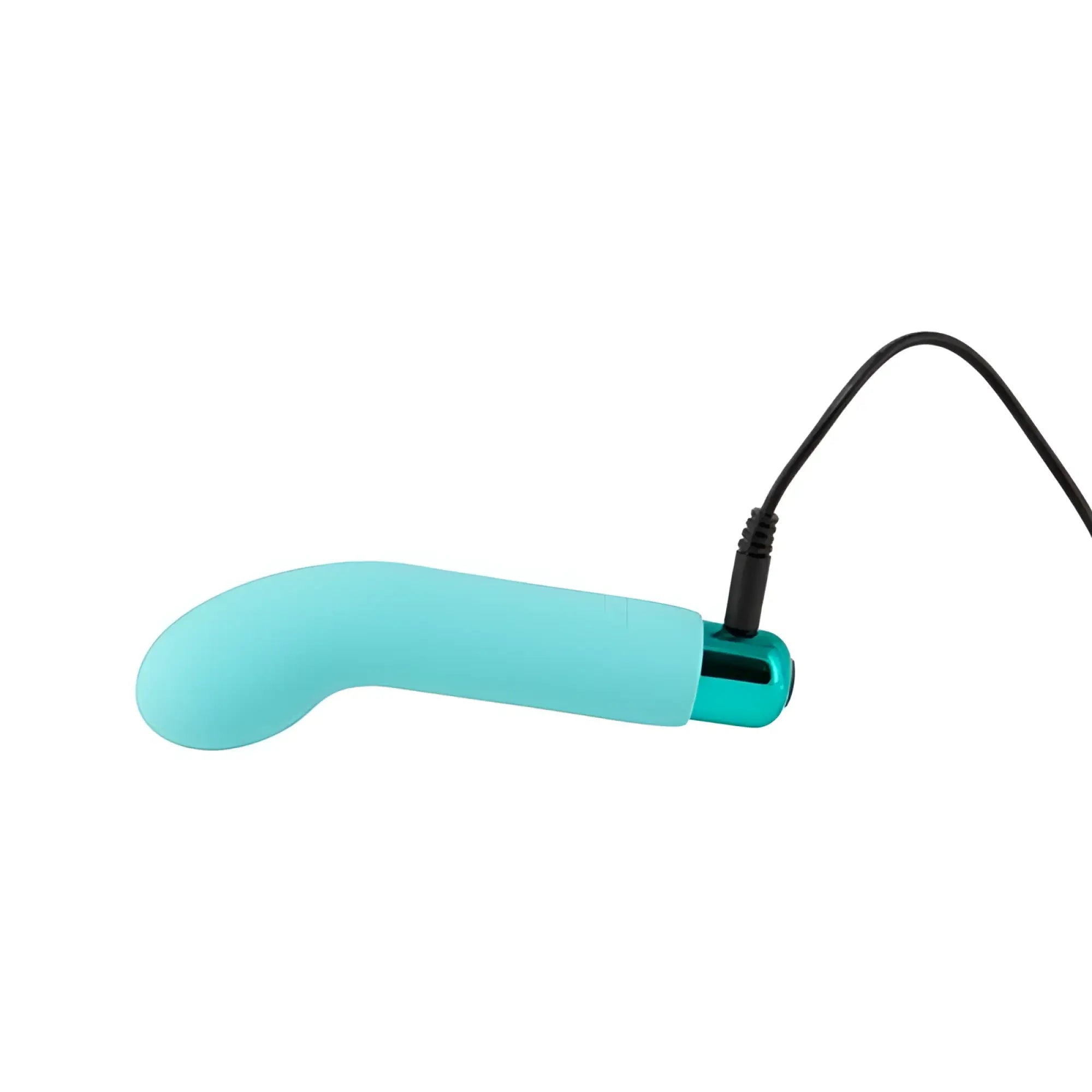 Teal silicone powerbullet sara’s spot vibrator with metallic charging port and black cord shown from the back side