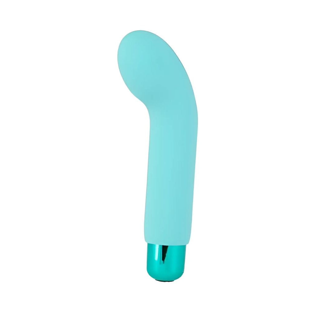A sleek light blue silicone PowerBullet Sara’s Spot vibrator with a metallic teal base for targeted stimulation