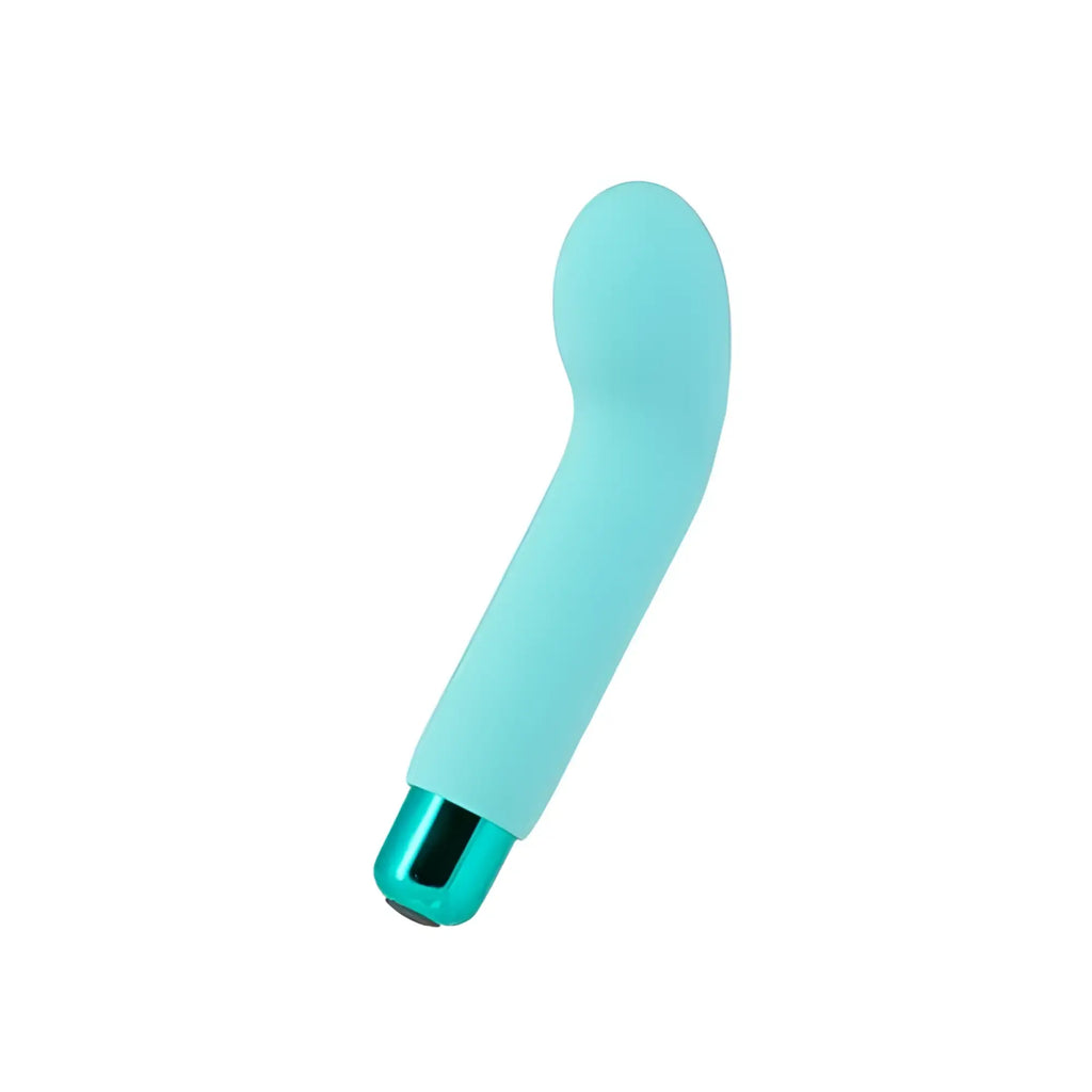 A sleek light blue silicone vibratory wand with a metallic teal tip powerbullet power bullet saras spot vibrator teal