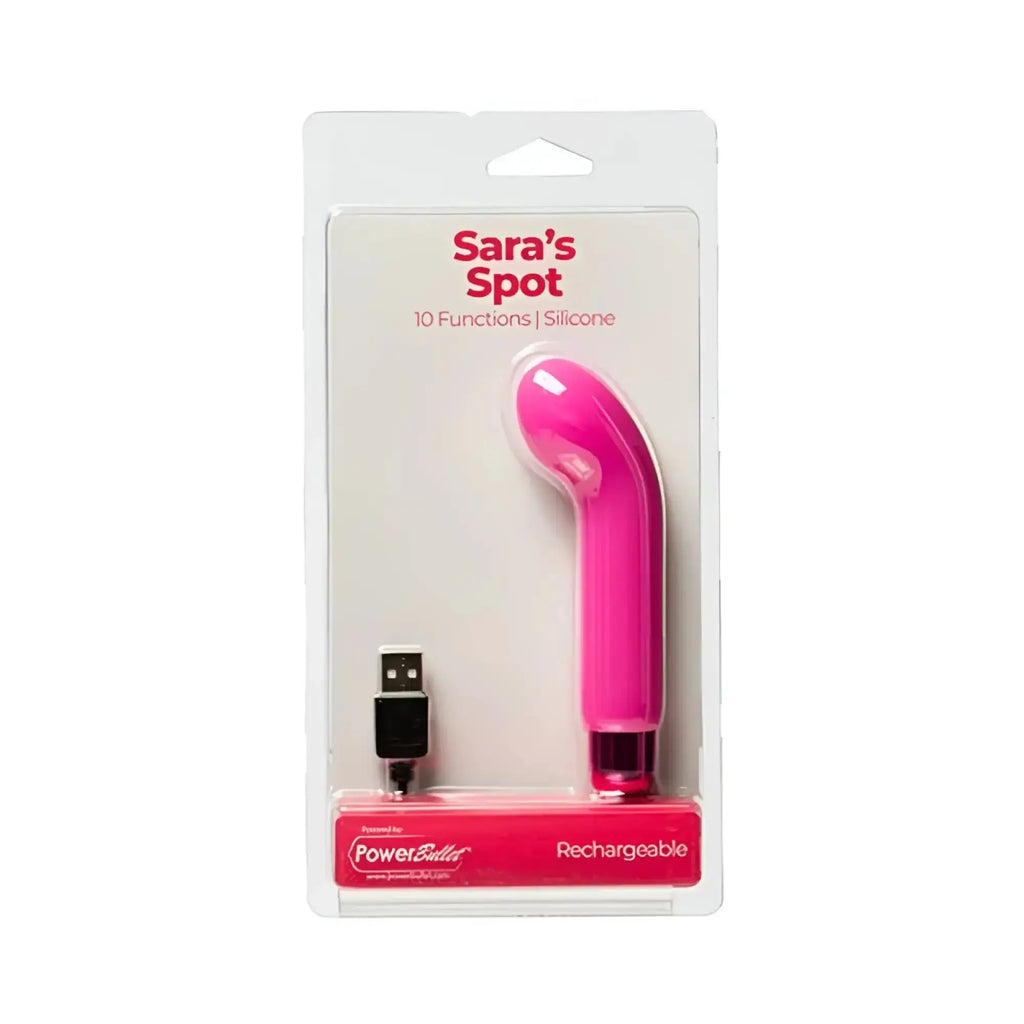 A vibrant pink silicone powerbullet power bullet sara’s spot vibrator with sleek curved design and usb charging cable