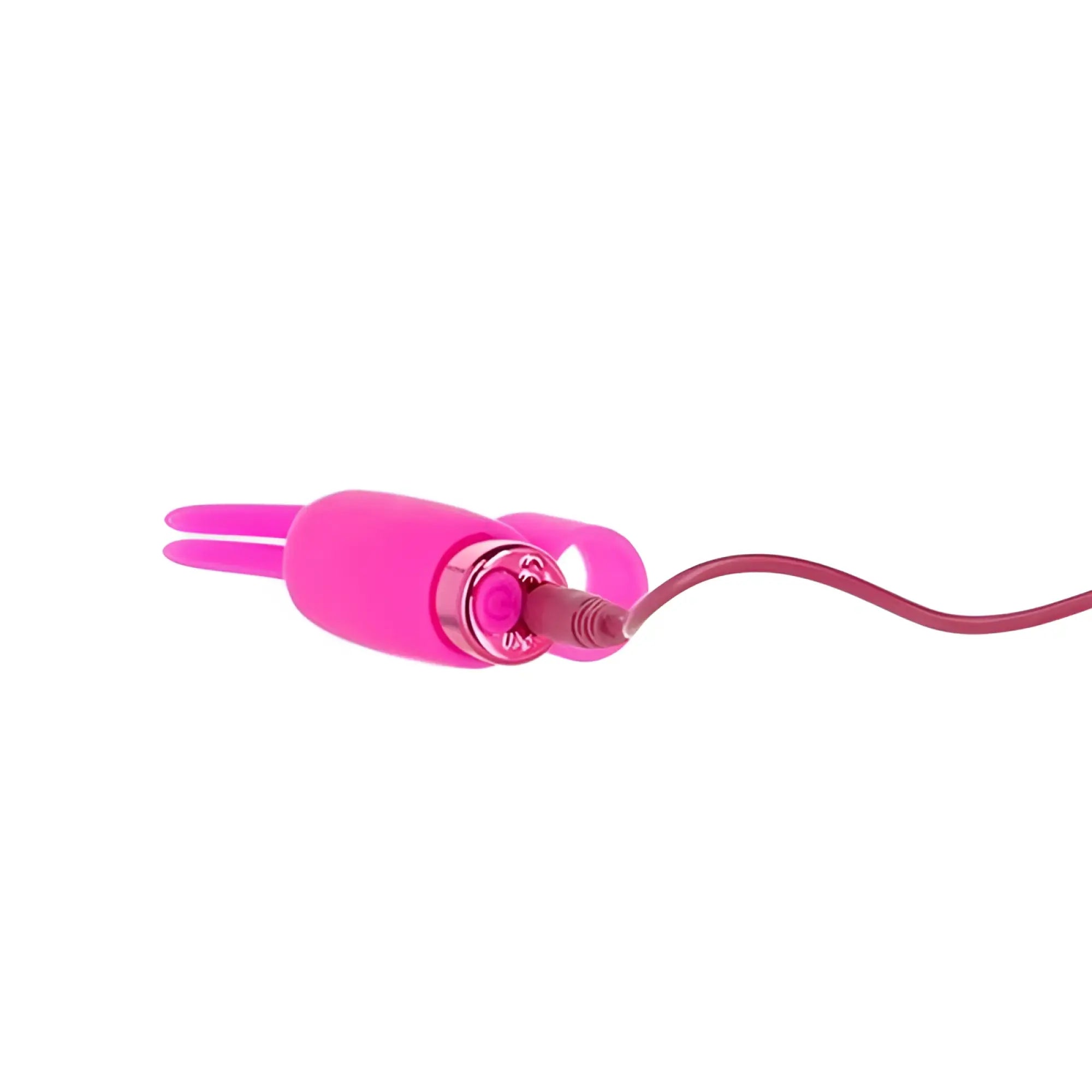Pink silicone rechargeable powerbullet teasing tongue vibrator with two prongs and metallic button connected by pink cord
