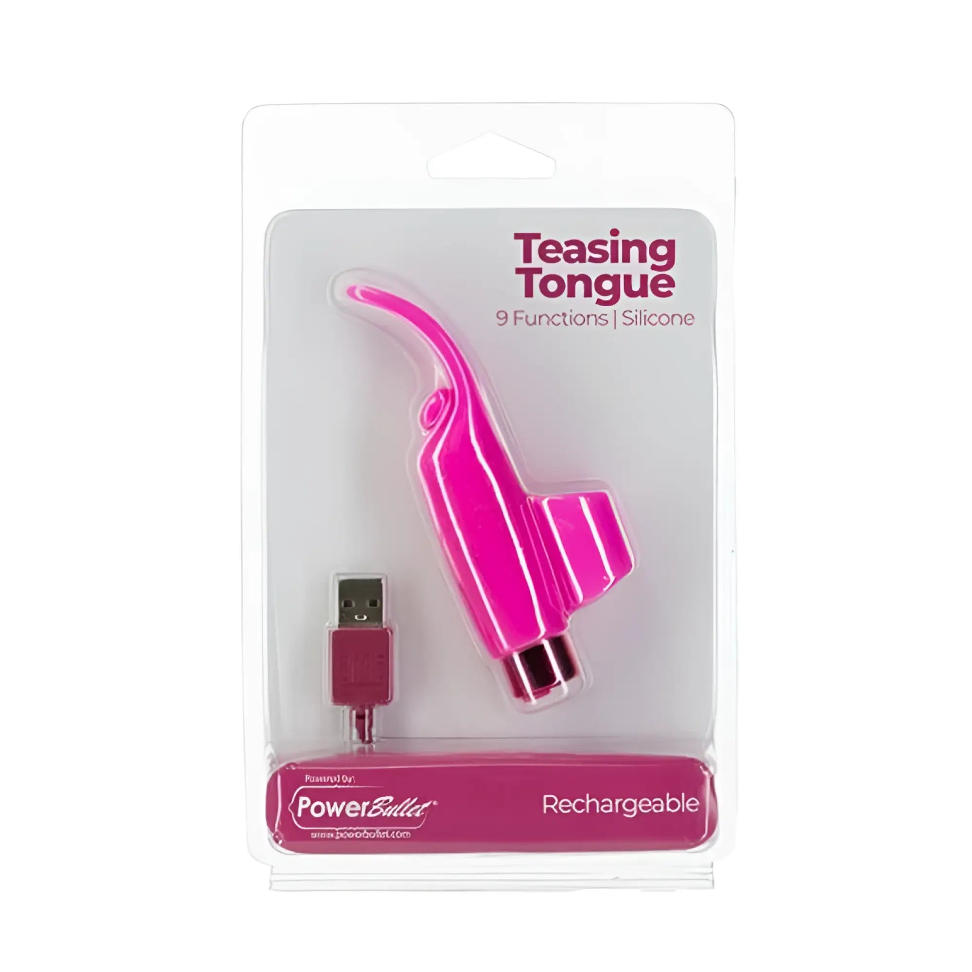Powerbullet power bullet teasing tongue rechargeable pink silicone device with metallic tip and usb charging cable in clear plastic packaging