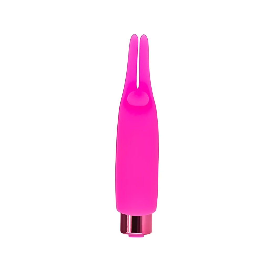 Vibrant pink silicone powerbullet teasing tongue toy with metallic rose gold base and two finger-like prongs rechargeable