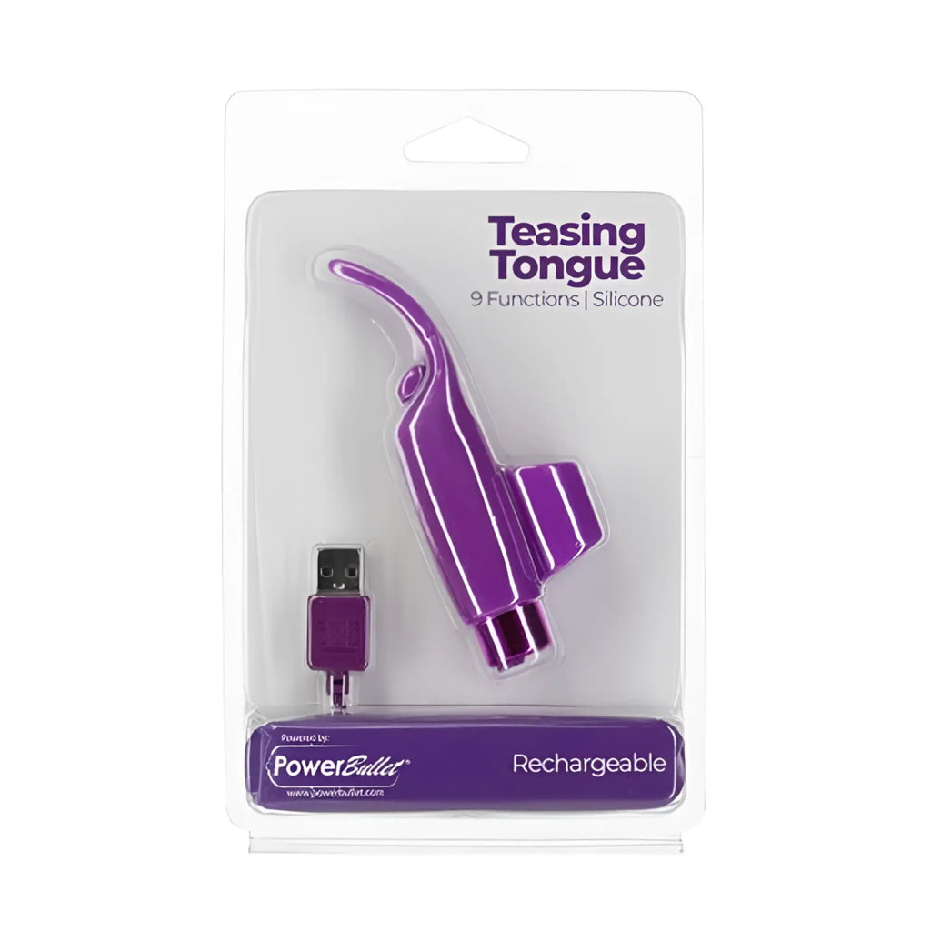 Purple silicone rechargeable teasing tongue device with usb cable packaged in clear plastic for powerbullet power bullet