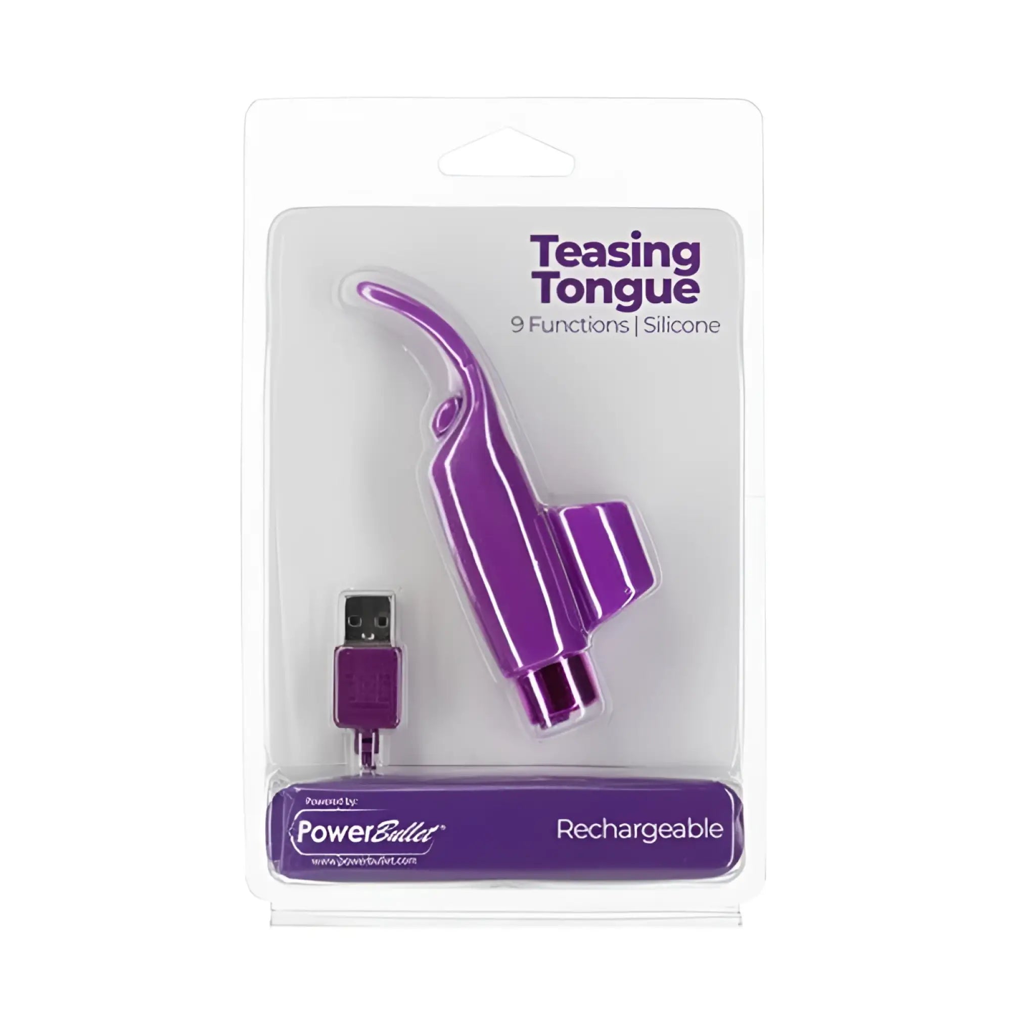 Purple silicone rechargeable teasing tongue device with usb cable packaged in clear plastic for powerbullet power bullet